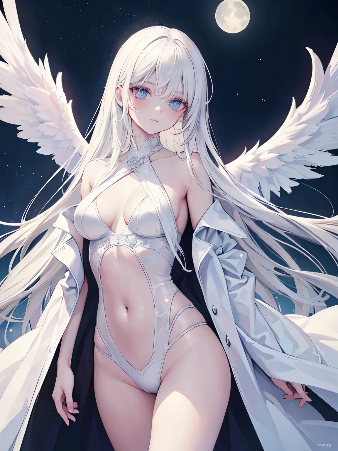 masterpiece, highest quality, (alone focus), (perfect face:1.1), (high detail:1.1),dramatic, (an alluring albino angel guy with long flowing pure white hair and piercing White eyes),1 person, (white skin), long hair, White eyes,  alone, long hair, moon, night, white luxury suit, covered navel, swollen lips, covered, future city, detailed background, Art by artgerm Cinematic lighting, roses and vines, fashion, balenciaga style