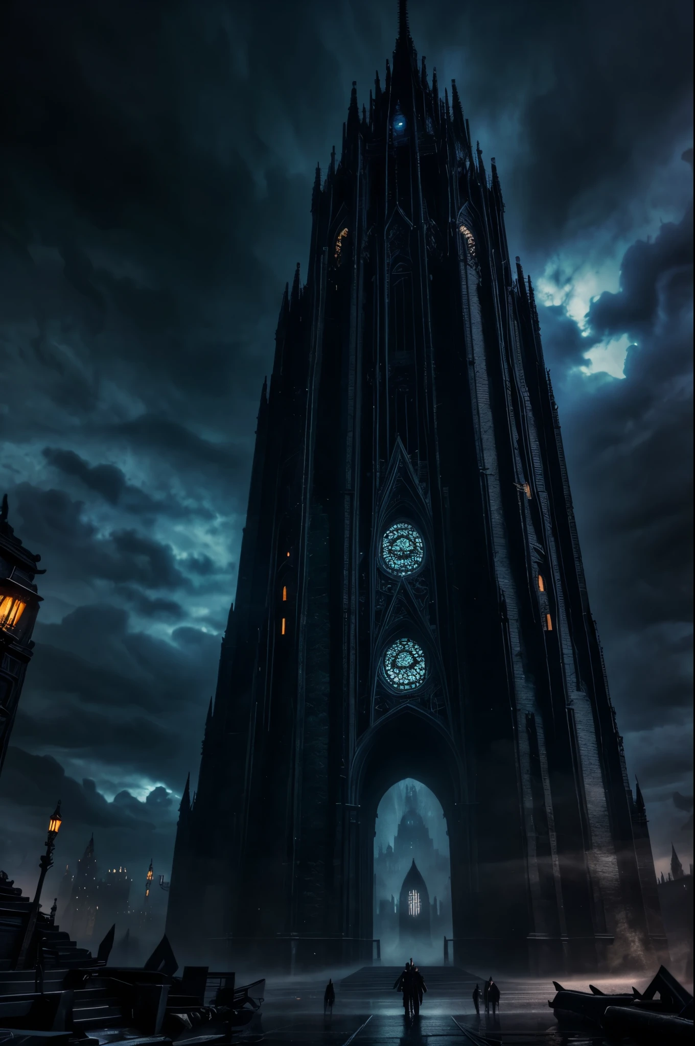 dark fantasy, evil twin towers, intricate details, insane details, volumetric lighting, ominous atmosphere, ominus lights, spectral atmosphere