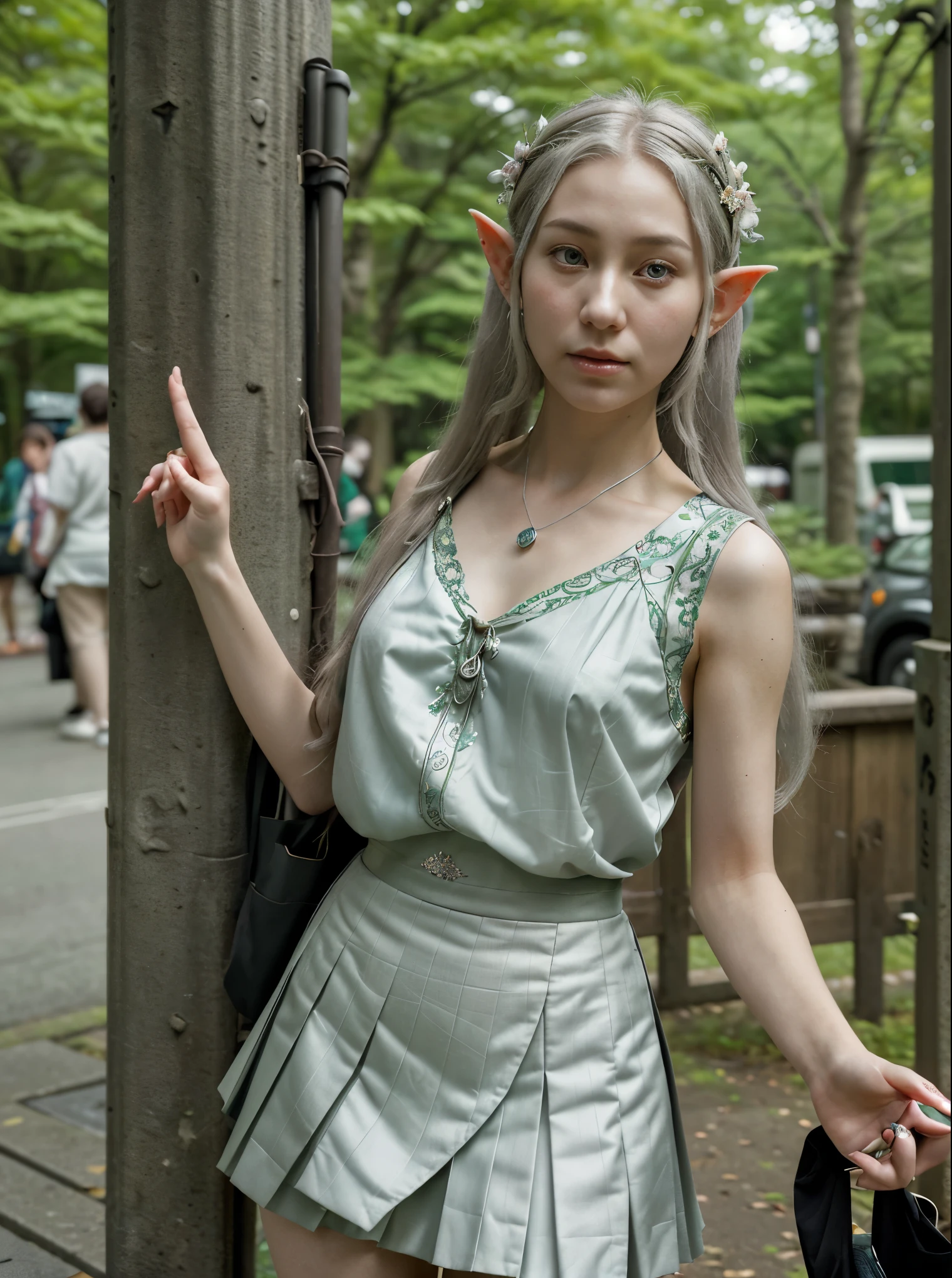 Compose a scene where a realistic elf is waiting at the bus stop. Describe her as she observes the movement around her, revealing details about her appearance, attire, and behavior. Consider how she interacts with other passengers, if there's anything peculiar about her presence, and how she adapts to the urban environment while still maintaining traces of her elven nature. Instead of traditional elven attire, she wears a Japanese school uniform, the pleated skirt and white blouse adorned with subtle floral patterns reminiscent of her forest homeland. Delicate silver jewelry accents her pointed ears, adding an otherworldly charm to her appearance. Despite the modern attire, her ethereal presence and graceful demeanor set her apart from the bustling crowd, hinting at her elven heritage.