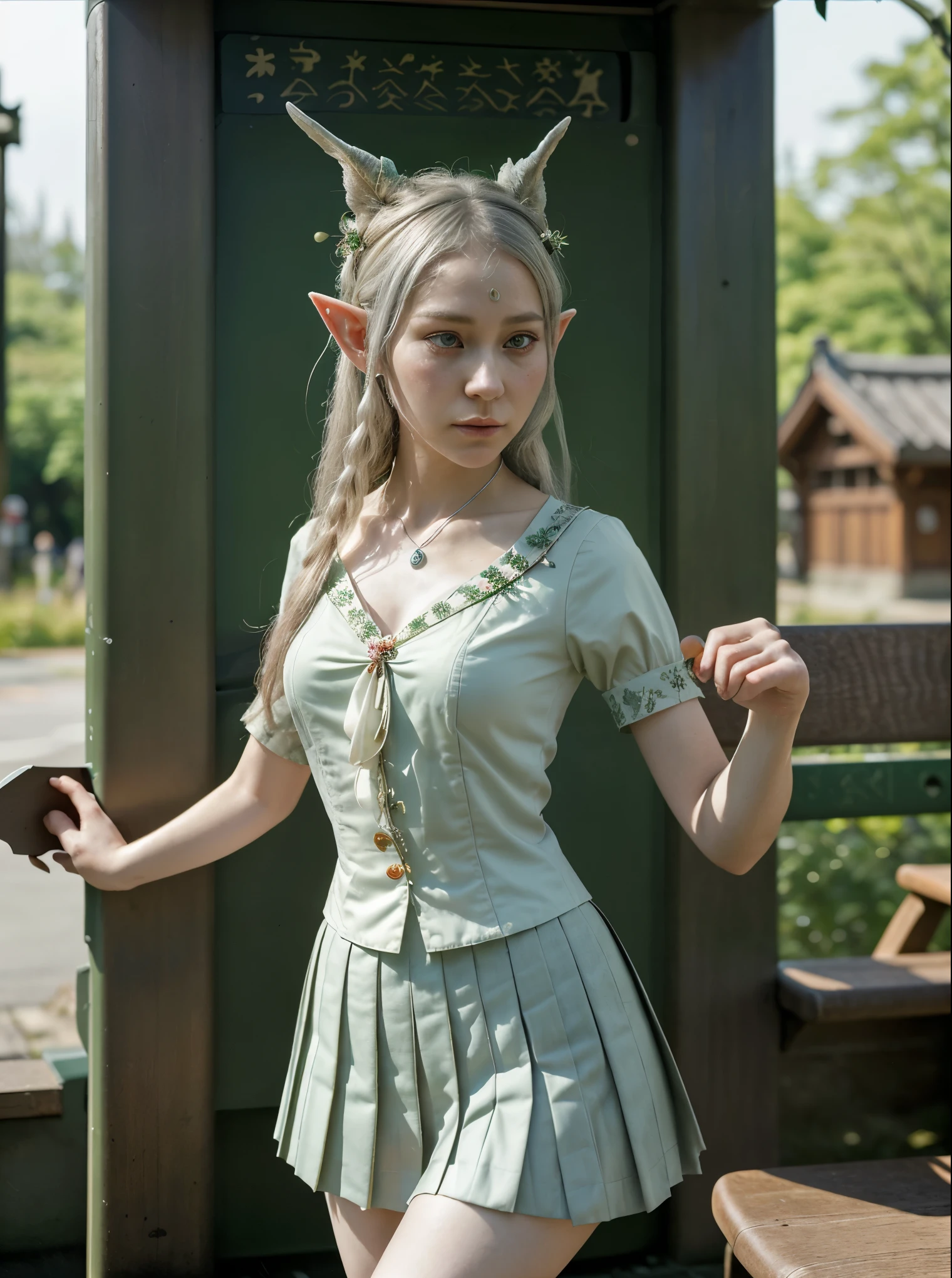 Compose a scene where a realistic elf is waiting at the bus stop. Describe her as she observes the movement around her, revealing details about her appearance, attire, and behavior. Consider how she interacts with other passengers, if there's anything peculiar about her presence, and how she adapts to the urban environment while still maintaining traces of her elven nature. Instead of traditional elven attire, she wears a Japanese school uniform, the pleated skirt and white blouse adorned with subtle floral patterns reminiscent of her forest homeland. Delicate silver jewelry accents her pointed ears, adding an otherworldly charm to her appearance. Despite the modern attire, her ethereal presence and graceful demeanor set her apart from the bustling crowd, hinting at her elven heritage.