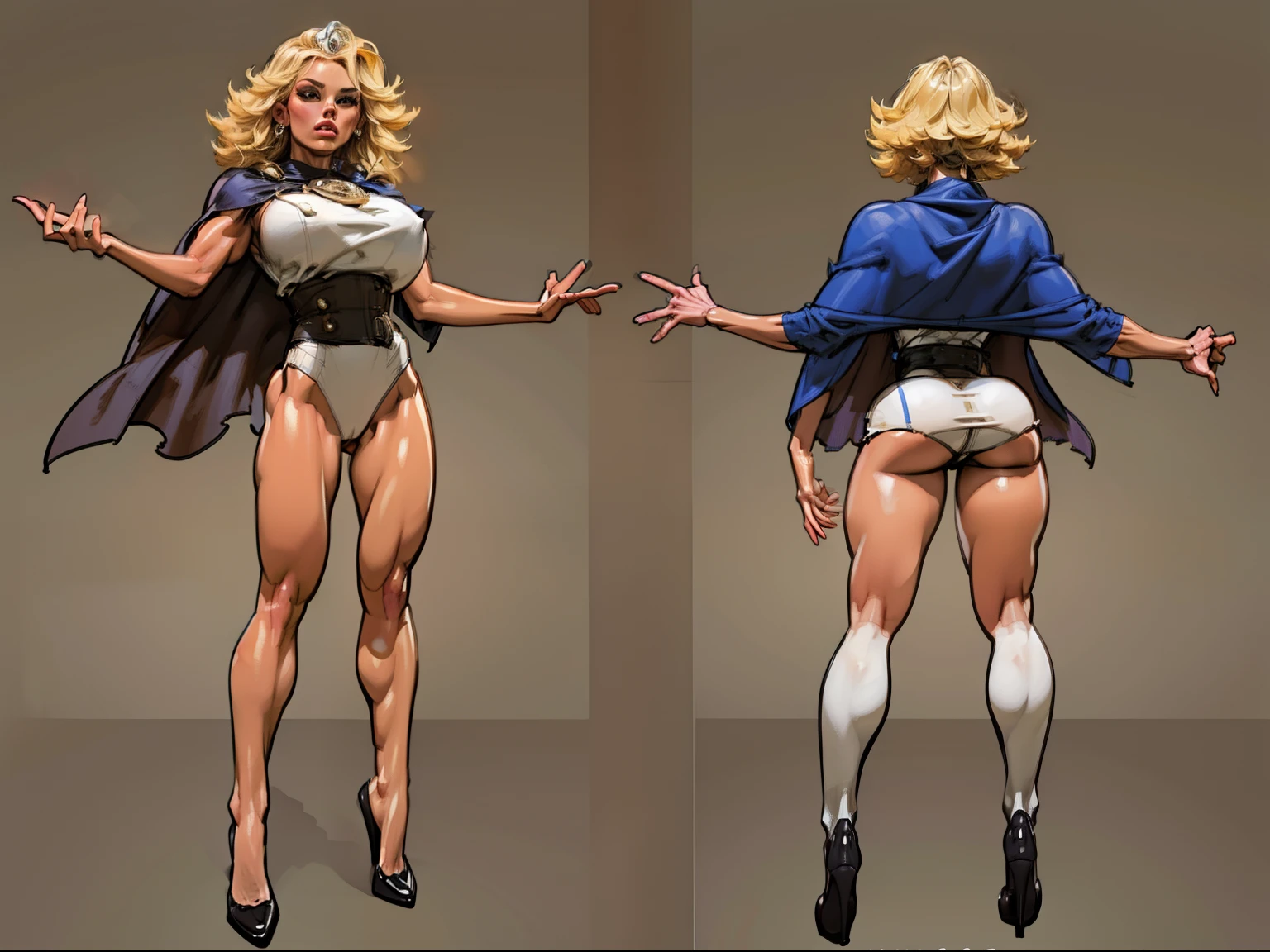 ((masterpiece)),(((best quality))),((character design sheet)), illustration,1woman, environment Scene change, muscular, (brown skin:1.4), (black legs), thick legs, (royalty cape:1.5), scribbles and marks, fire, ((detailed face:1.1)), rough sketches, pose too, platinum blonde, black and gold color palette, 8k,16k, (simple background, light background: 1.3)