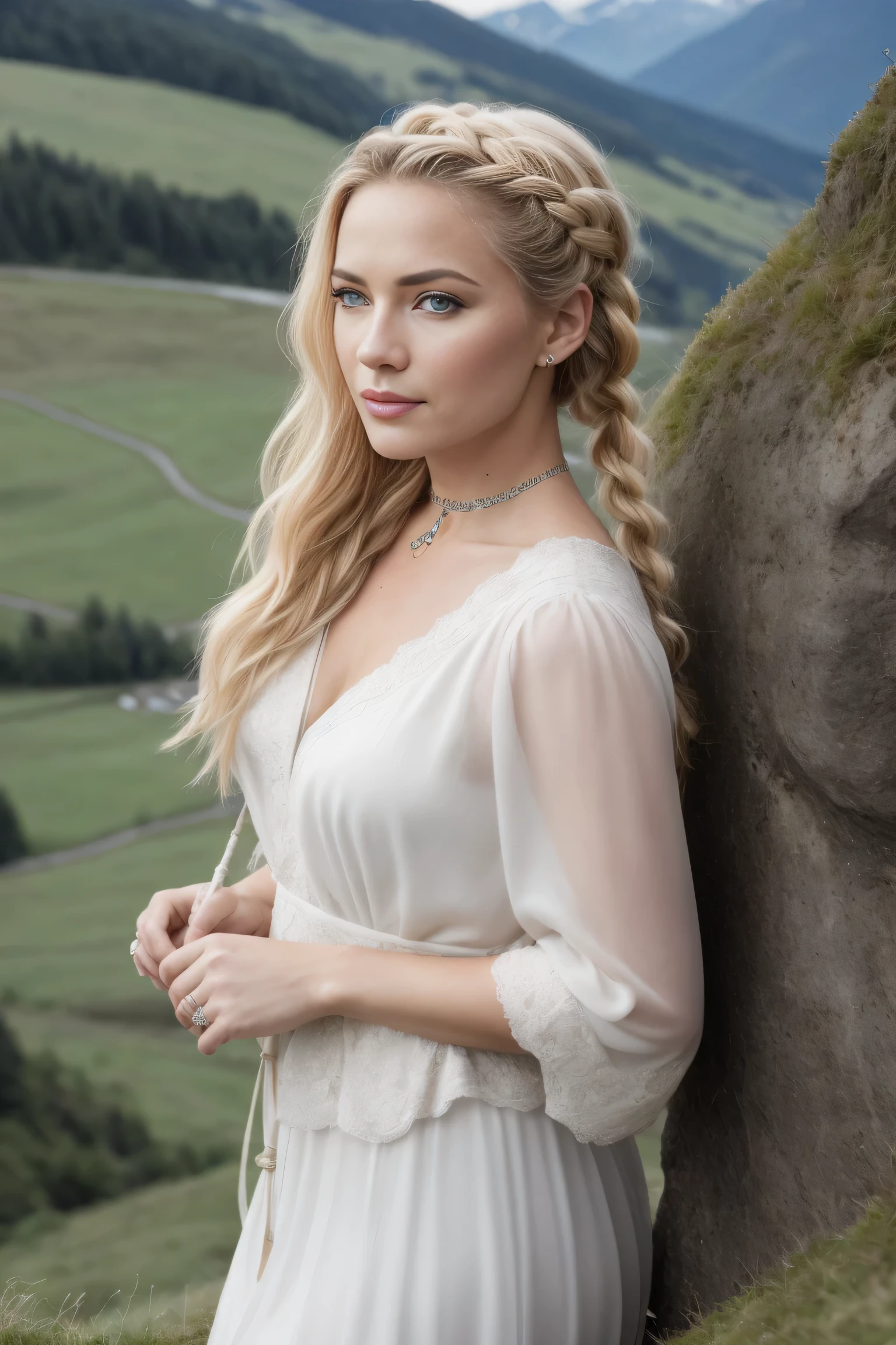 ROH, analog, Nikon Z 85mm, award-winning glamor photo,((best quality)), ((Meisterwerk)), ((Realistisch)), wannder Outfit, stechenden Augen, schaut zum Berg, very happy, blondes Haar, Quad braids, wanderung, Berge im Hintergrund, Nachmittagslicht