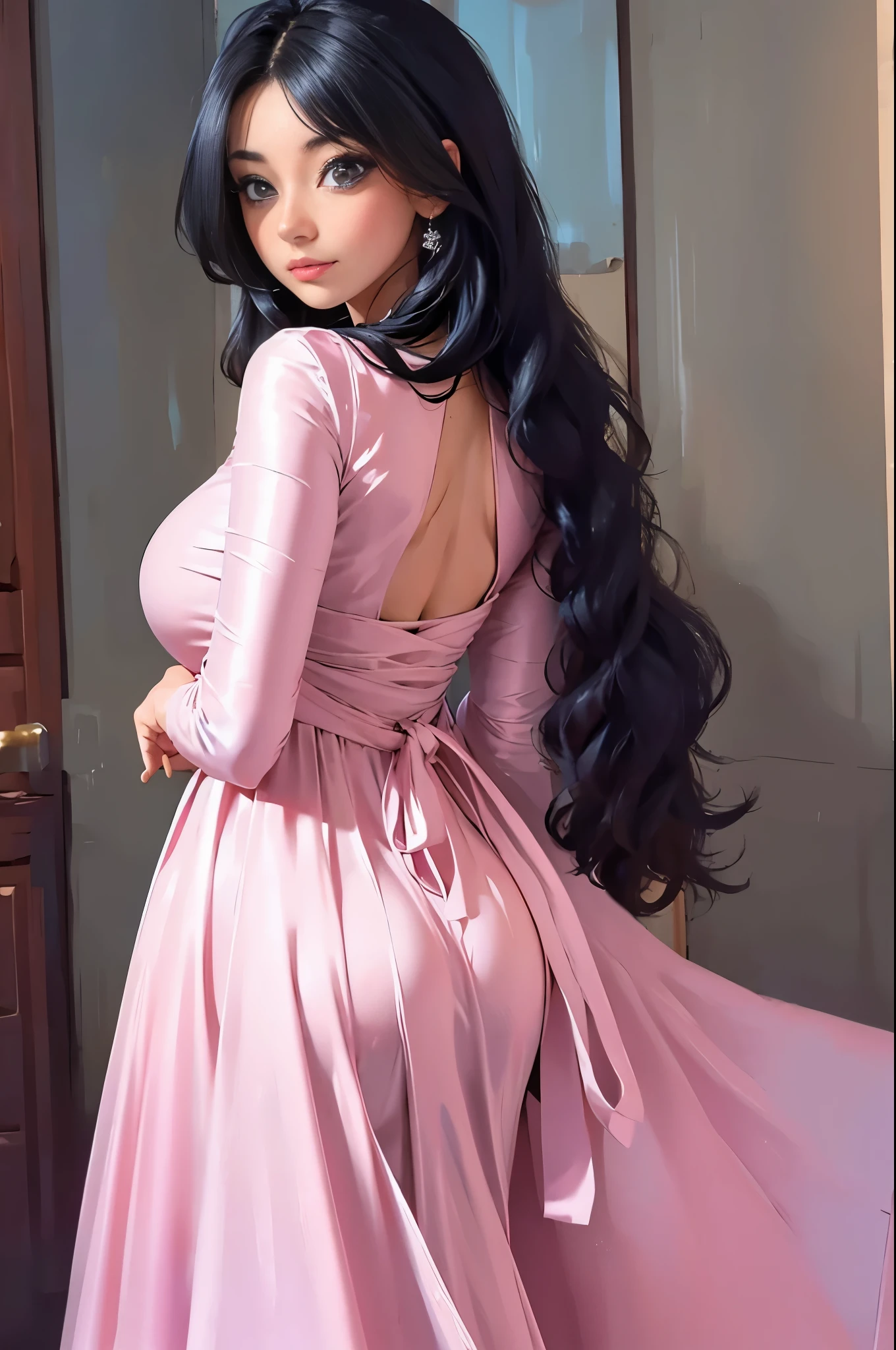 a woman in a pink dress posing for a picture, a pastel by Silvia Pelissero, instagram, renaissance, beautiful silky dress, silk dress, back slit, opened dress, beautiful soft silky dress, stunning elegant, soft silk dress, beautiful dress, pink dress, stunning dress, sexy dress, dressed beautiful gown, wearing an elegant dress, revealing stylish dress