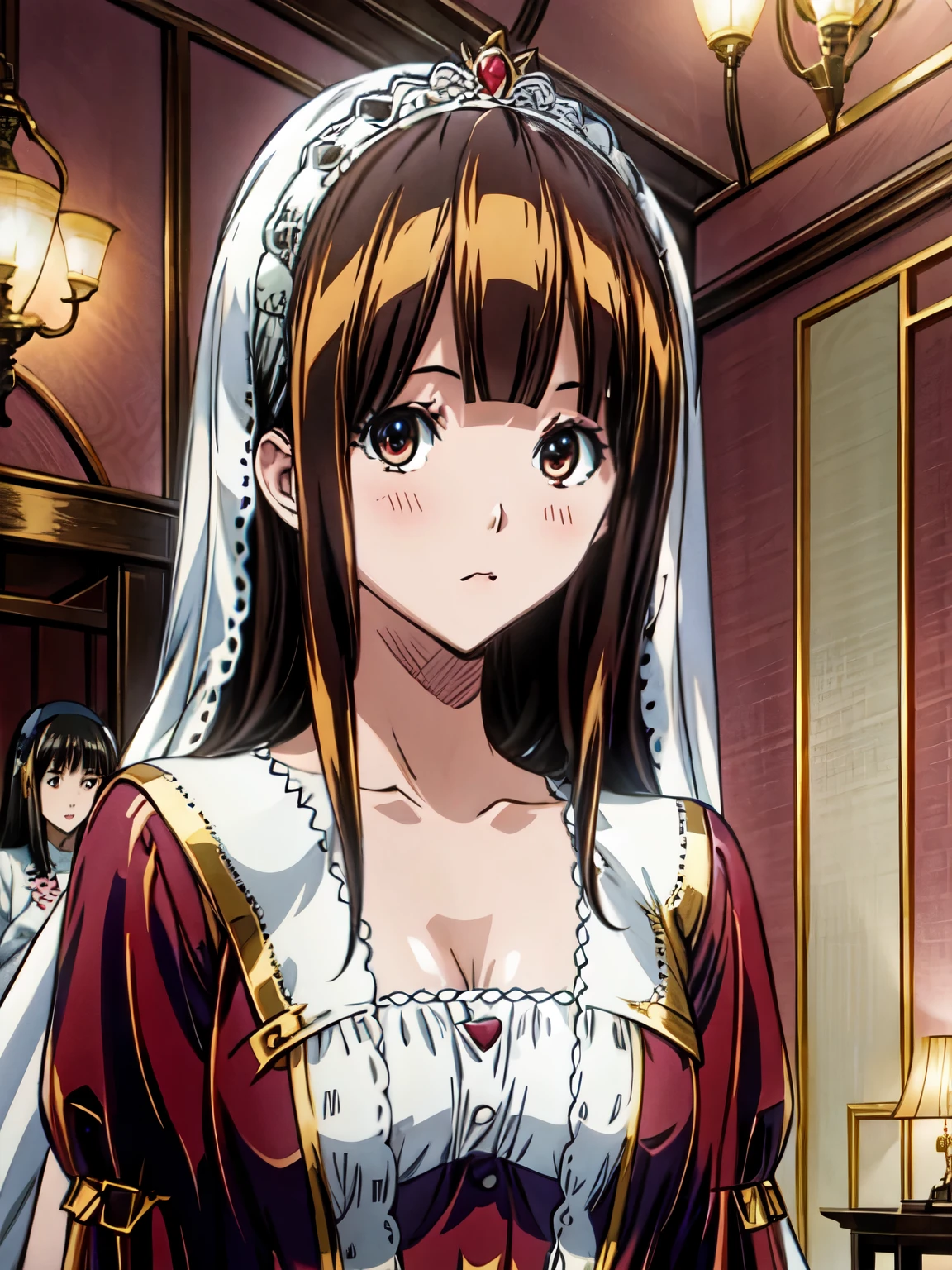 very long hair，（（（Eyes are very delicate）））（（（hair accessories）））（（（veil））），necklace，Misako wears a red transparent sexy silk dress， ((skin glowing))The room is filled with Chinese New Year decorations（（（masterpiece）））， （（best quality））， （（intricate details））， （（Surreal））（8k）