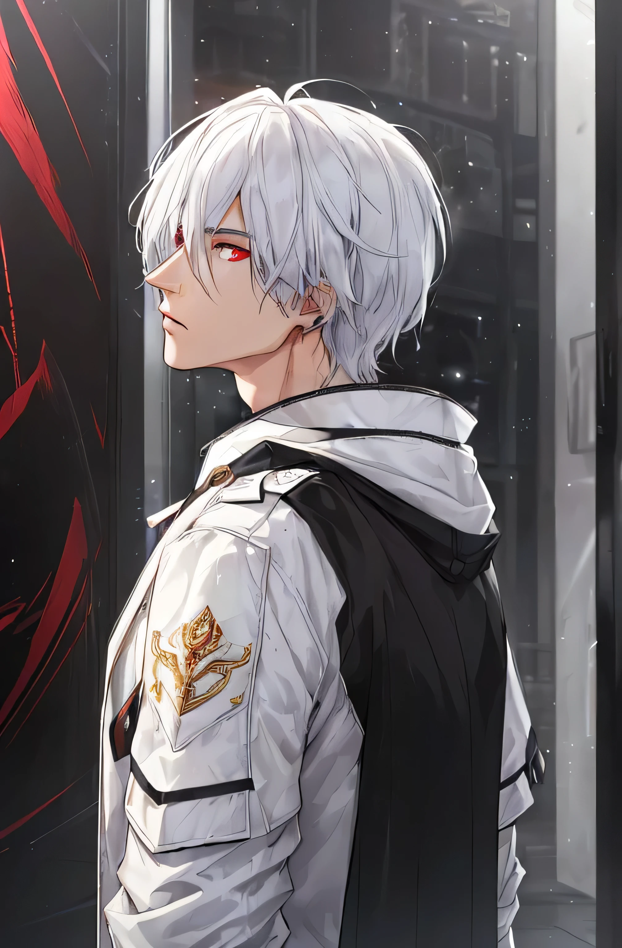 (best quality,4K,8K,high resolution,chef-d&#39;Ouvrages d&#39;art:1.2),ultra-detailed,realistic,(animated:1.1) conception,(personnage,male,Hommes,un seul personnage),(beau:1.1),(Art parfait:1.1),(cheveux blancs:1.1),(les yeux rouges:1.1),(black clothing:1.1),(fond d&#39;screen:1.1),(animated style:1.1),(androgyne:1.1),(Grande veste:1.1),(portraits:1.1),(Couleurs vives:1.1),(acuity:1.1),(Peinture ultra fine:1.1),(Artistes conceptuels:1.1),(HDR:1.1),(UHD:1.1),(Studio lighting:1.1),(physics-based rendering:1.1),(extremely detailed description:1.1),(professionnel:1.1),(horreur:1.1),(paysage:1.1),(La science-fiction:1.1),(la photographie:1.1),(Bokeh:1.1),(colored:1.1),(soft lighting:1.1), coupe de cheveux moyenne, grande veste blanche, Cheveux lisses, androgyne, male character, Veste Cyberpunk, De meilleurs yeux, meilleur cou, HD, les yeux rouges, beaux yeux