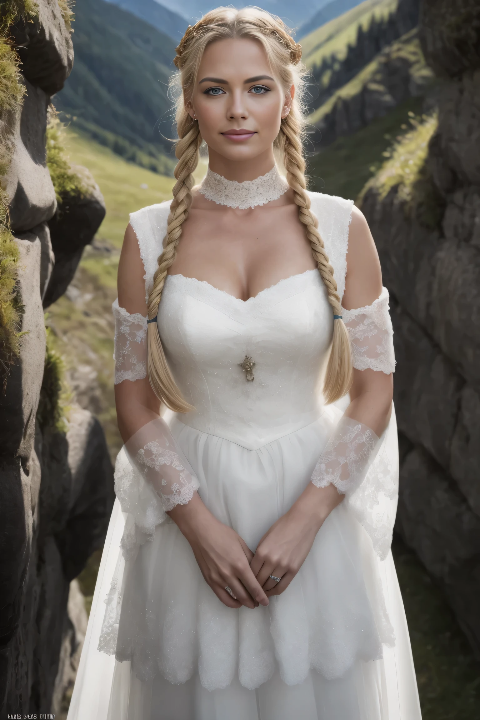 ROH, analog, Nikon Z 85mm, award-winning glamor photo,((best quality)), ((Meisterwerk)), ((Realistisch)), wannder Outfit, stechenden Augen, schaut zum Berg, very happy, blondes Haar, Quad braids, wanderung, Berge im Hintergrund, Nachmittagslicht