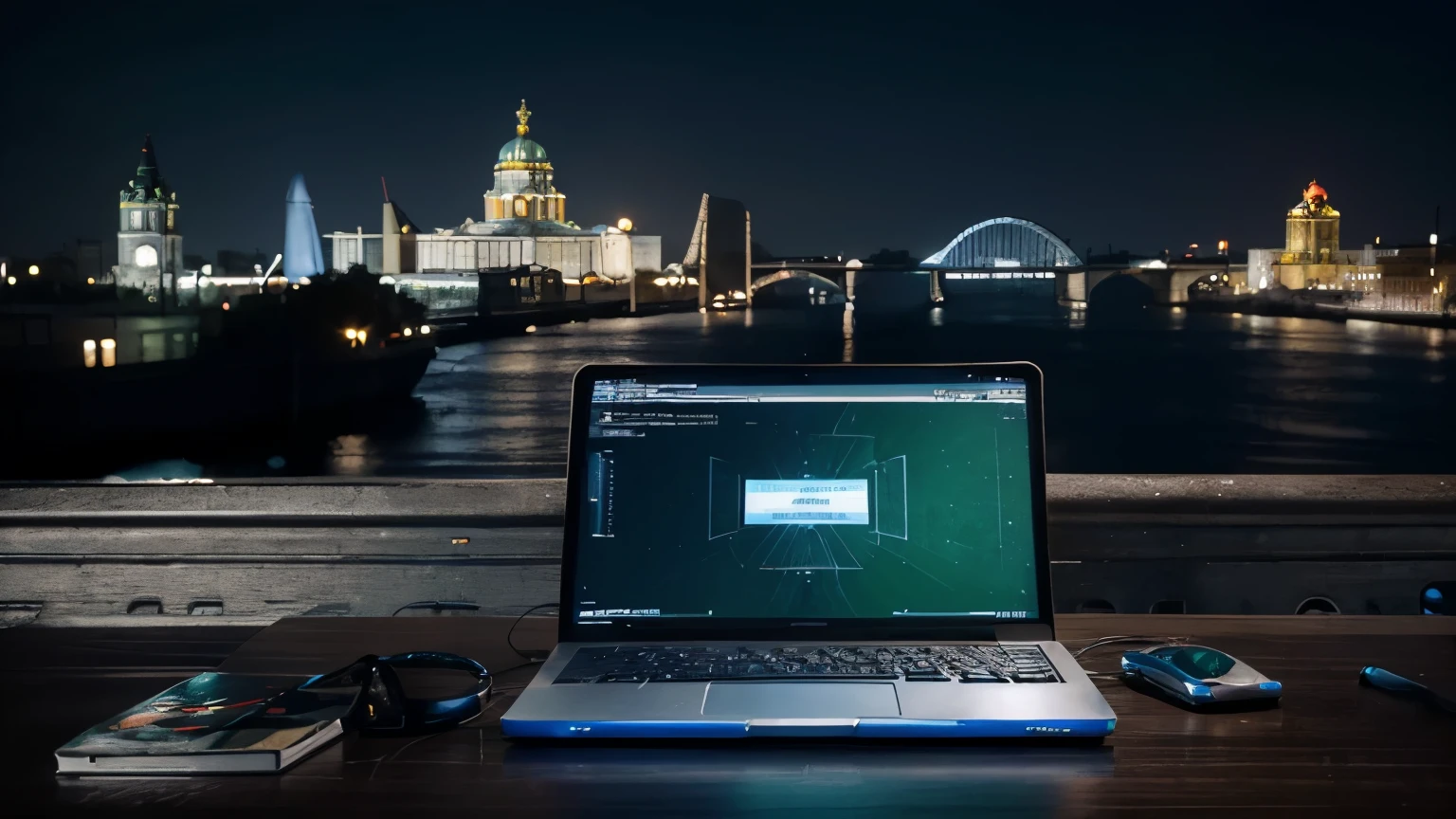 notebook, code snippets, AI neural networks, new technologies, programming languages in the foreground, iconic landmarks from St. Petersburg in the background, dynamic and inspiring, color scheme incorporating shades of blue, green, and silver