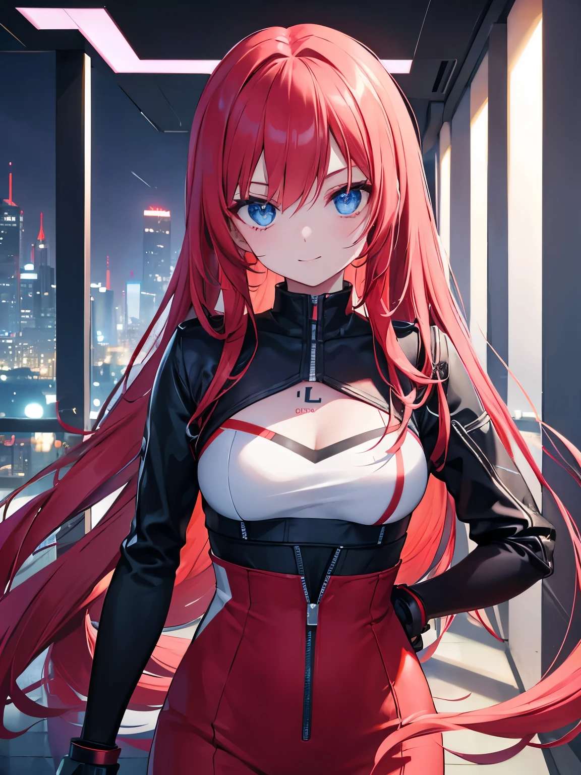 masterpiece , girl , red very long hair , blue eyes , Slope , perfect figure , ( tech wear:1.2) , cyber punk , future , modern , in cyber punk city, light smile , detailed face ,, , (8k, best quality 1.2), super detailed, 8k UHD,, soft lighting, high quality, film grain, beautiful lighting,, (cinematic:1.4) ,perfect body , best illumination, best shadow, sharpness, contrast,