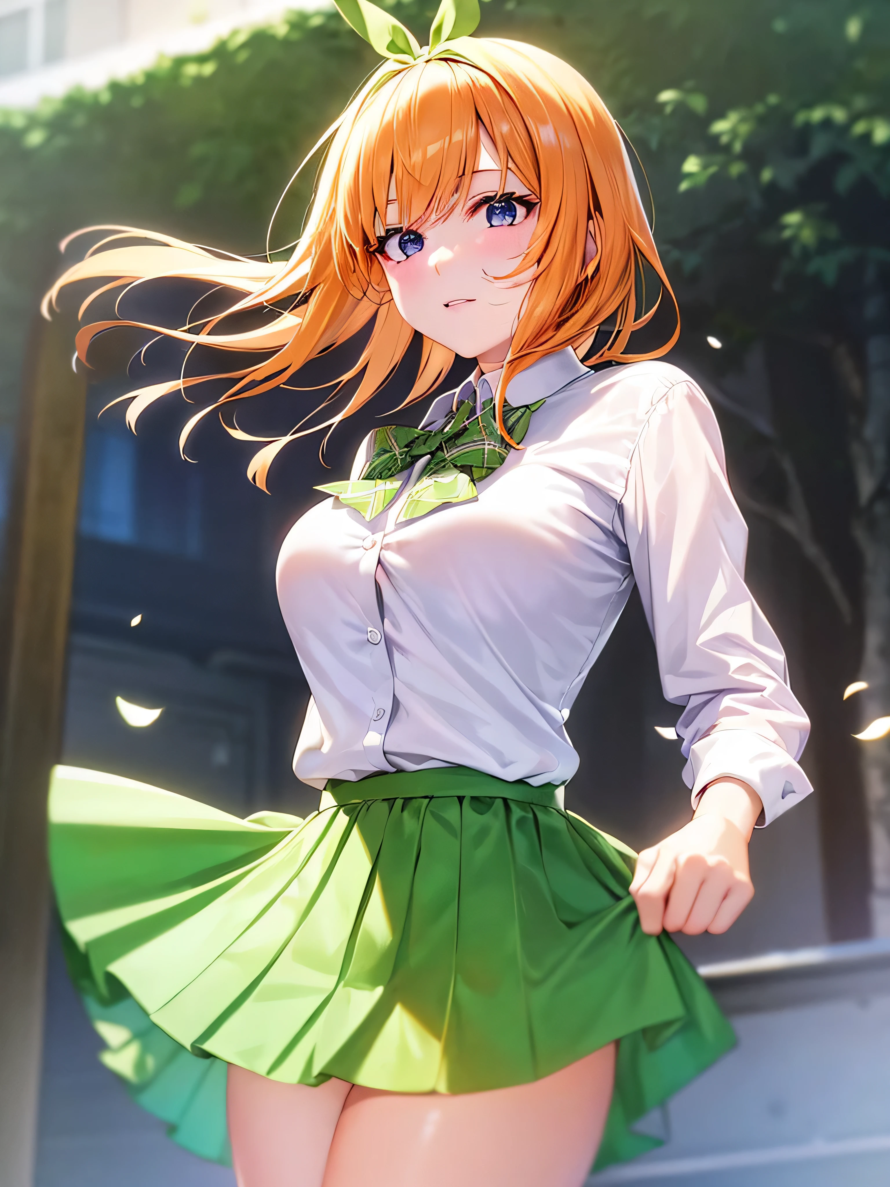 highest quality, 8k, one girl, best image quality, anime, comics, alone, orange hair color, short hair, looking at the viewer, Highly detailed art buds, official artwork, 詳細なanime原画, きれいな詳細なanimeアート, slender body shape, Highly detailed face and skin texture, double eyelid, Whitening skin, Body Gloss, sexy, pink cheeks, full body shot, panty shot, cute underwear, schoolyard, navy tailored jacket, white shirt, green skirt, zoom shot, headphones hanging from neck, troubled face, outdoors, professional lighting, realistic skin, (from below:1.3), green ribbon headband