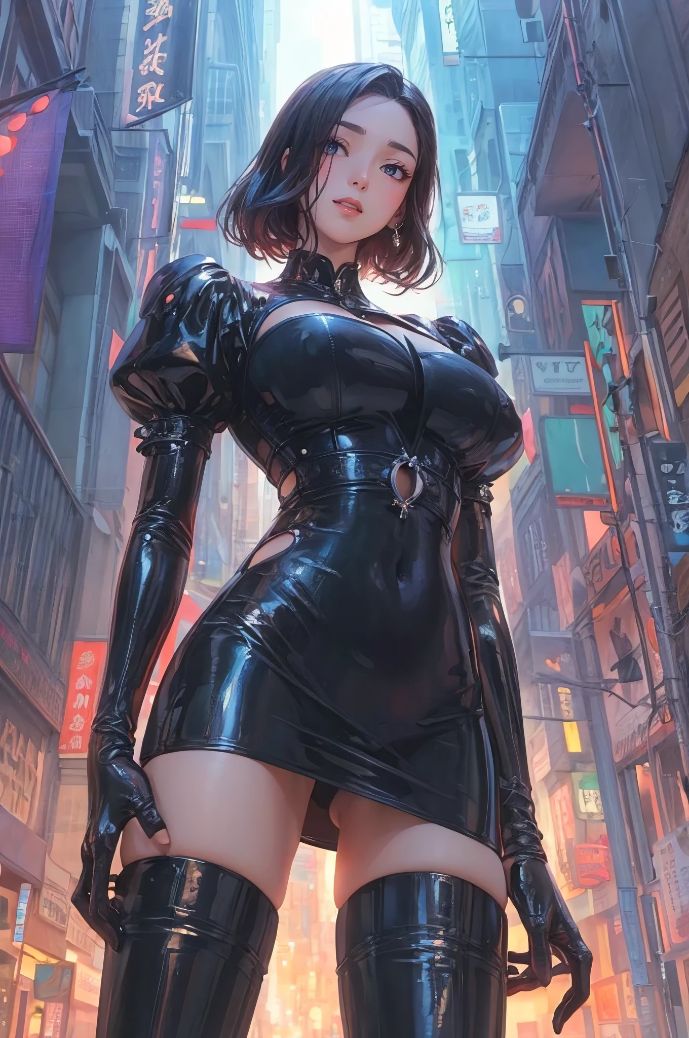 (best quality, masterpiece:1.2), perfect body, perfect body, large beasts, cleavage, wide hips, big gorgeous eyes, full luscious lips, smile, parted lips, random avant garde fashion, walking pose, city streets, quirky futuristic, clean lines, vibrant, anime realism by artgerm and donato giancola