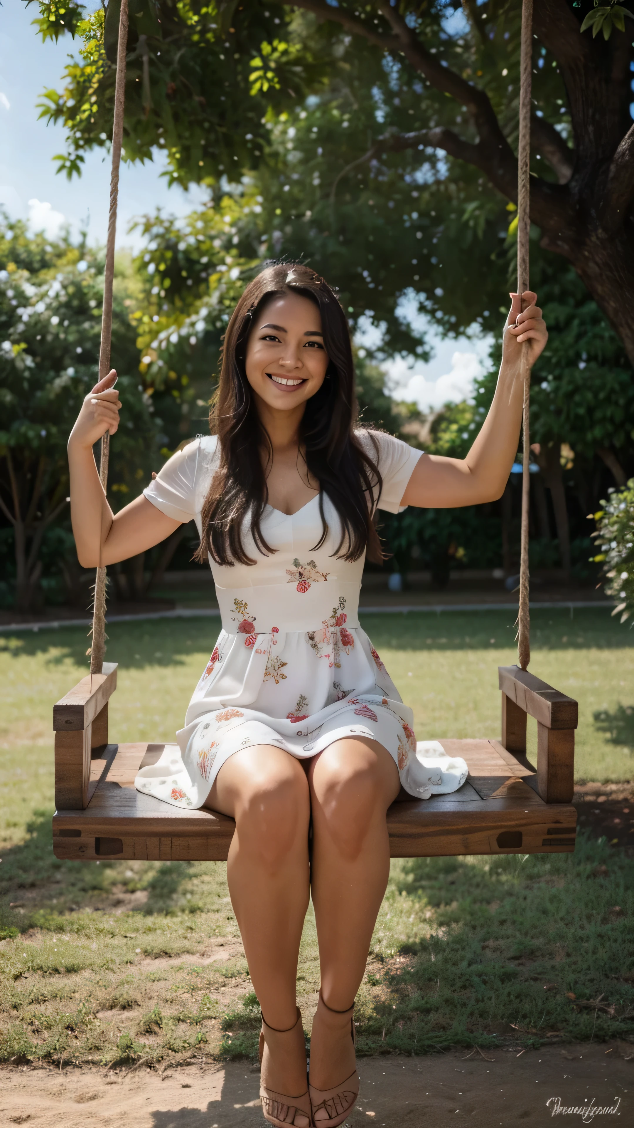 Fotografia, natural lighting, uma linda mulher de vestido branco floral, meio oriental, mais ou menos 20 anos, cabelos longos negros, sorriso feliz, olhos perfeitos, seios grande, sitting on a suspended wooden swing in a park, 8k, hdr, obra prima, melhor qualidade, Greg Rutowski,