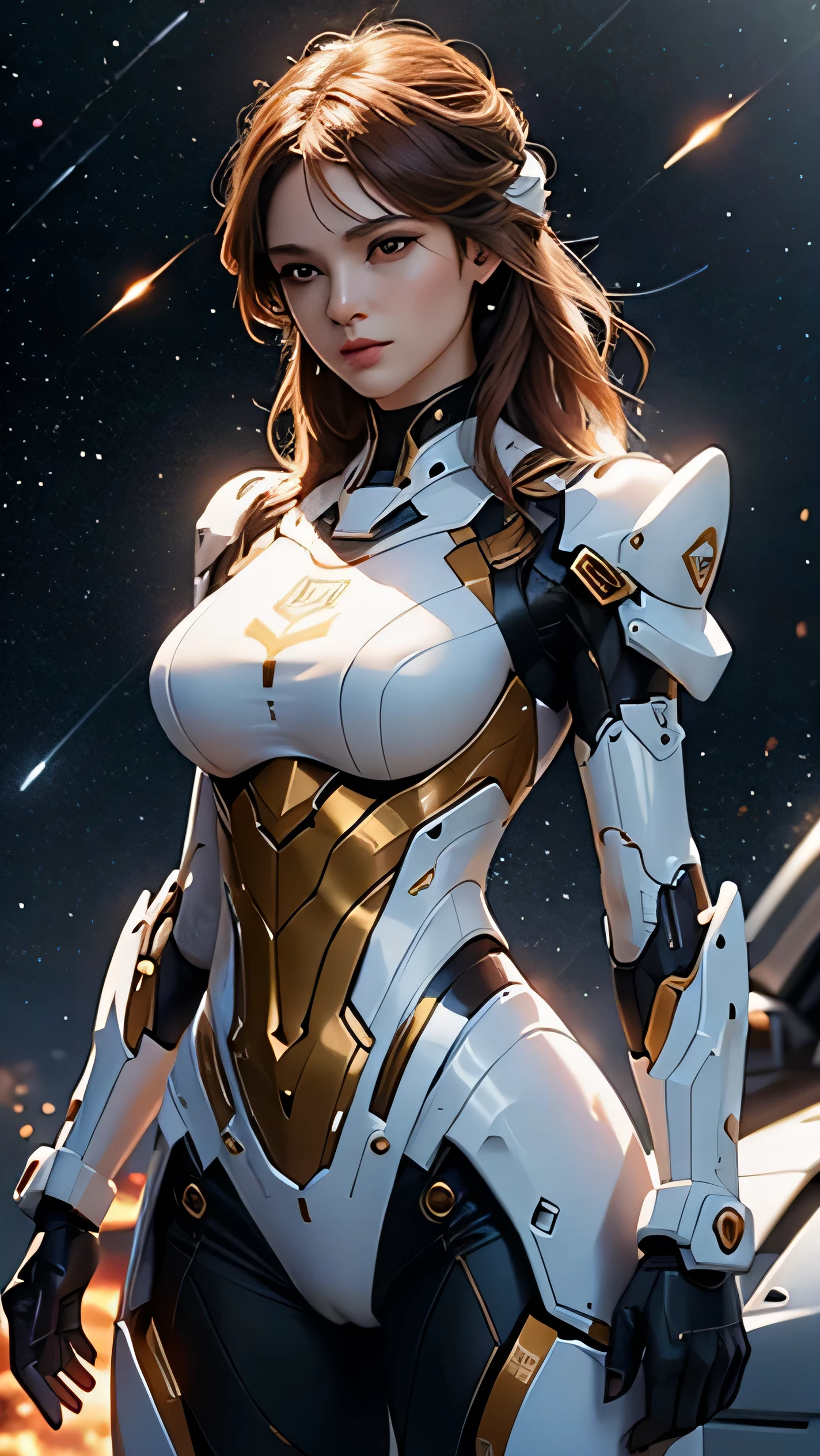 Mature female, {8K}, Best quality, Masterpiece, {ultra high resolution}, Slender body, Medium breasts, （（（Space soldier uniform））），Side breasts，{Short wavy hair}, symetrical face, {Lingerie}, intricate elegant, fantasy, Detailed, ometric by greg rutkowski and alphonse mucha, Gradient lighting, {{{{{{{{{{Mecha upper body}}}}}}}}}},