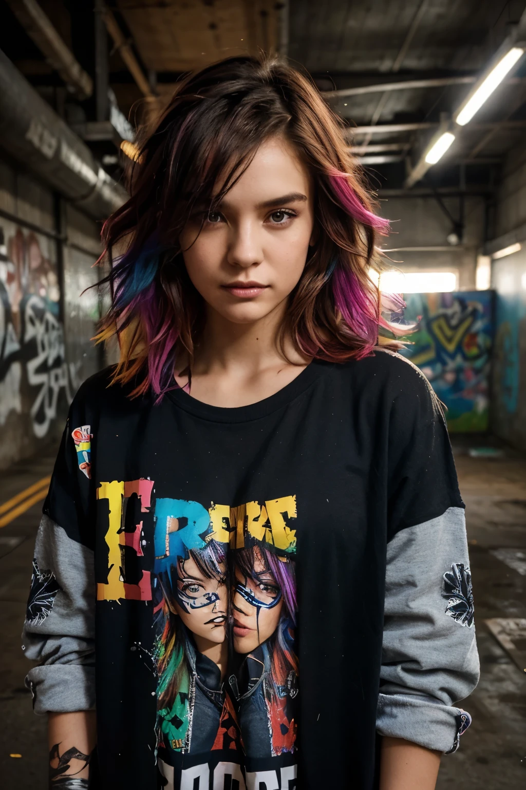 upper body portrait, drenched in rebellious energy, wearing oversized flannel shirt, vibrant graffiti as background, bold fashion, sense, confident look, colorful hair, beams of light streaming through fog looking straight into camera
