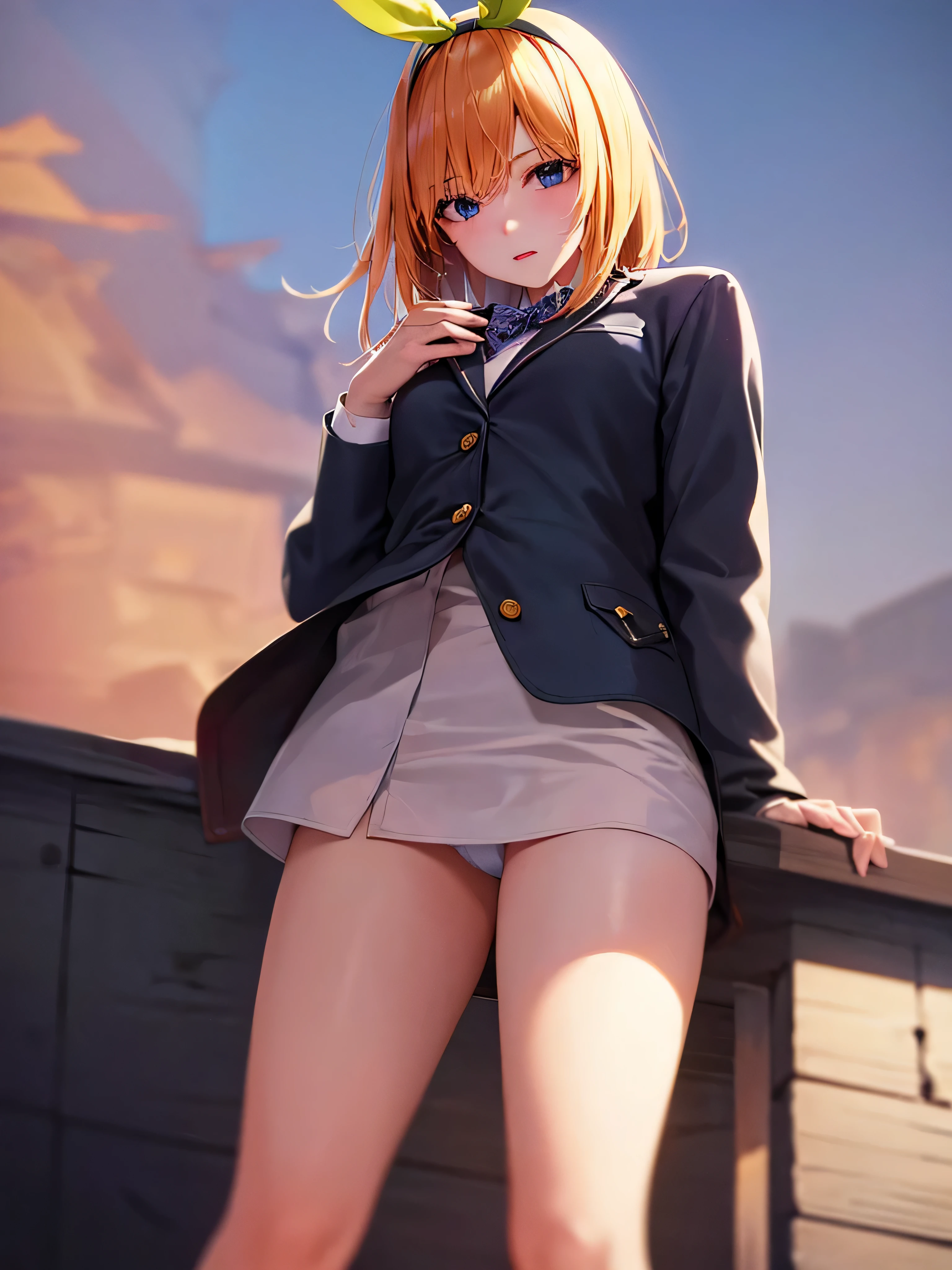 highest quality, 8k, one girl, best image quality, anime, comics, alone, orange hair color, short hair, looking at the viewer, Highly detailed art buds, official artwork, 詳細なanime原画, きれいな詳細なanimeアート, slender body shape, Highly detailed face and skin texture, double eyelid, Whitening skin, Body Gloss, sexy, pink cheeks, full body shot, panty shot, cute underwear, schoolyard, navy tailored jacket, white shirt, green skirt, zoom shot, troubled face, outdoors, professional lighting, realistic skin, (from below:1.3), green ribbon headband