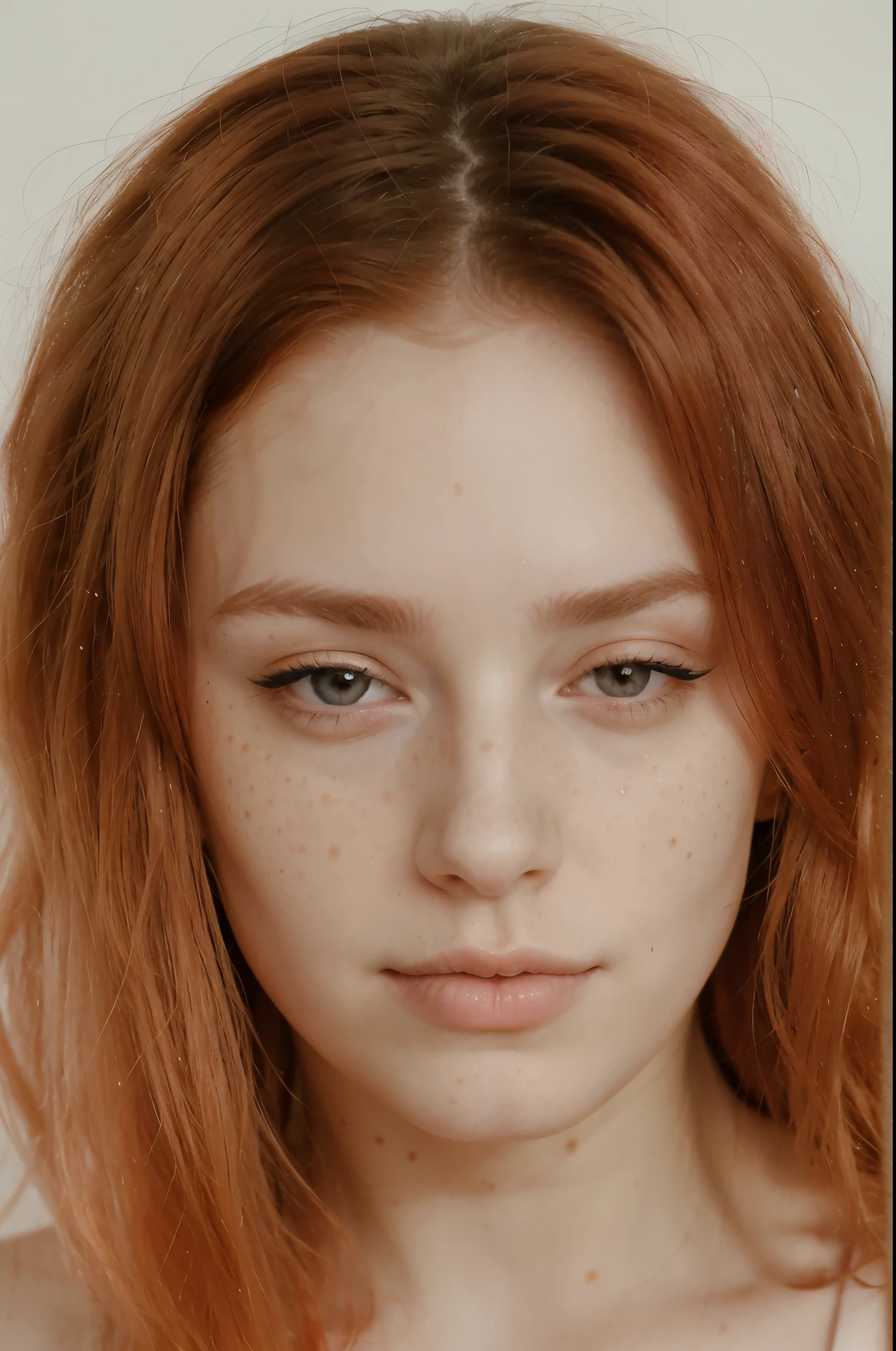 Buetifull girl with pale skin and medium length sized hair, close up of face, androgynous face, nose piercing, small nose with freckles, freckles on the nose, pointy nose, small freckles, small lips pointy nose, perfect detailed face, facial piercings, cute freckles, piercing stare, thin button nose, big eyes, wide lips, adult, adult, red hair, adult, adult, 20 years old, adult, older, 20, adult, adult woman, mature face, mature face,