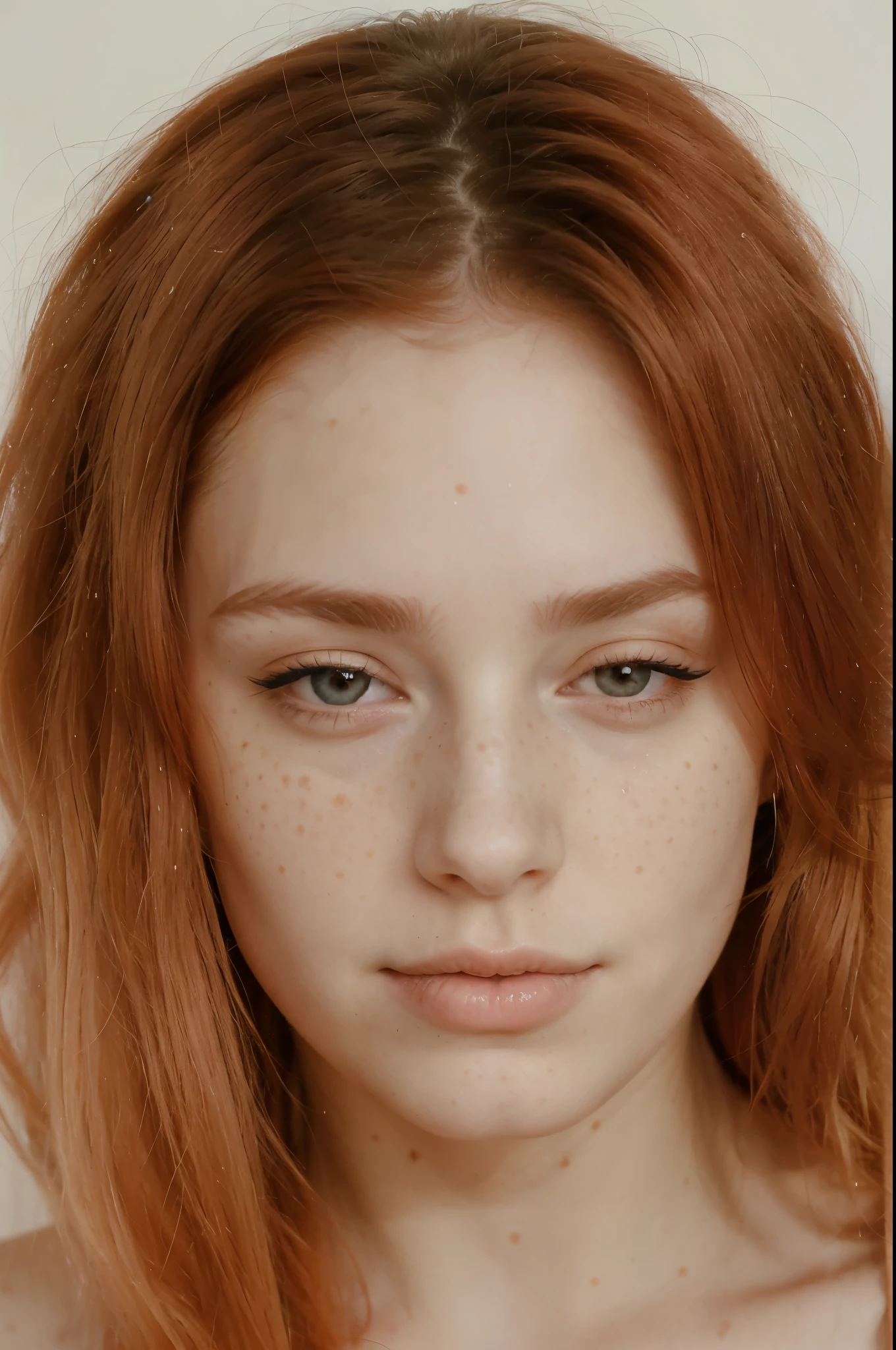 Buetifull girl with pale skin and medium length sized hair, close up of face, androgynous face, nose piercing, small nose with freckles, freckles on the nose, pointy nose, small freckles, small lips pointy nose, perfect detailed face, facial piercings, cute freckles, piercing stare, thin button nose, big eyes, wide lips, adult, adult, red hair, adult, adult, 20 years old, adult, older, 20, adult, adult woman, mature face, mature face,