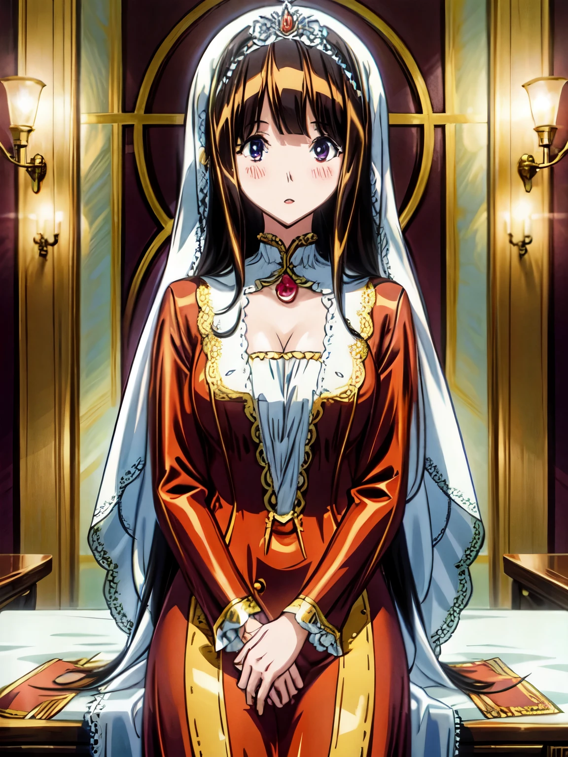 very long hair，（（（Eyes are very delicate）））（（（hair accessories）））（（（veil））），necklace，Misako wears a red transparent sexy silk dress， ((skin glowing))The room is filled with Chinese New Year decorations（（（masterpiece）））， （（best quality））， （（intricate details））， （（Surreal））（8k）