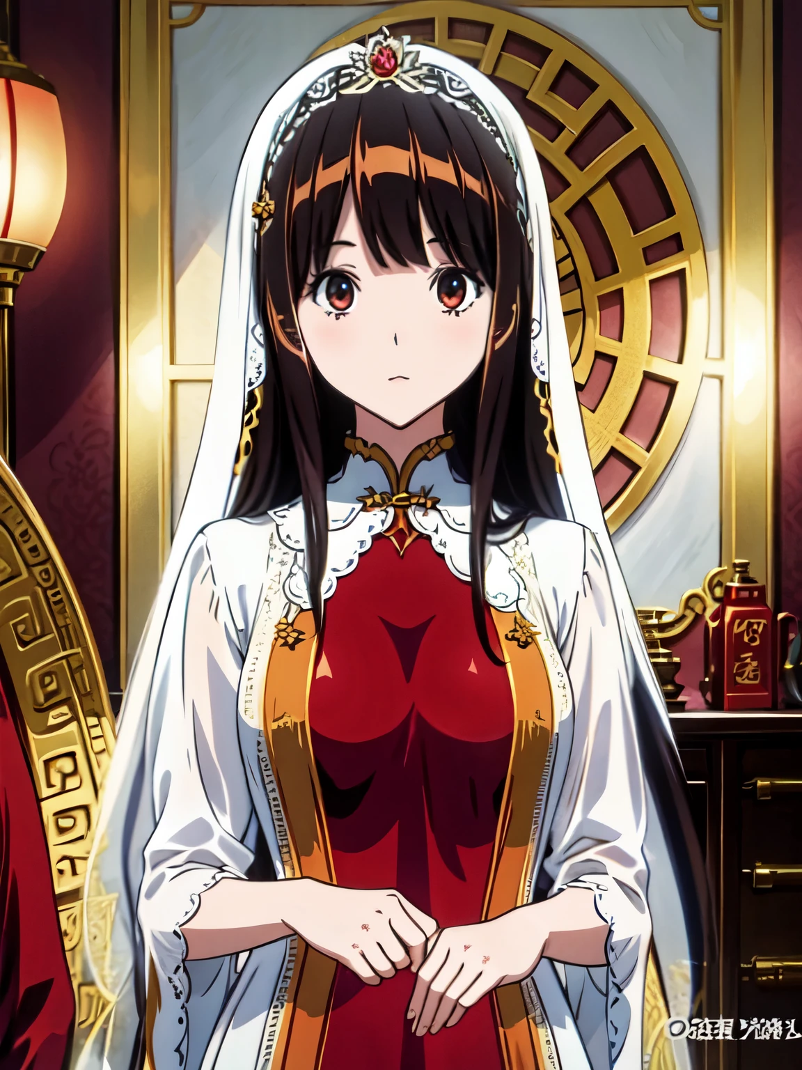 very long hair，（（（Eyes are very delicate）））（（（hair accessories）））（（（veil））），necklace，Misako wears a red transparent sexy silk dress， ((skin glowing))The room is filled with Chinese New Year decorations（（（masterpiece）））， （（best quality））， （（intricate details））， （（Surreal））（8k）