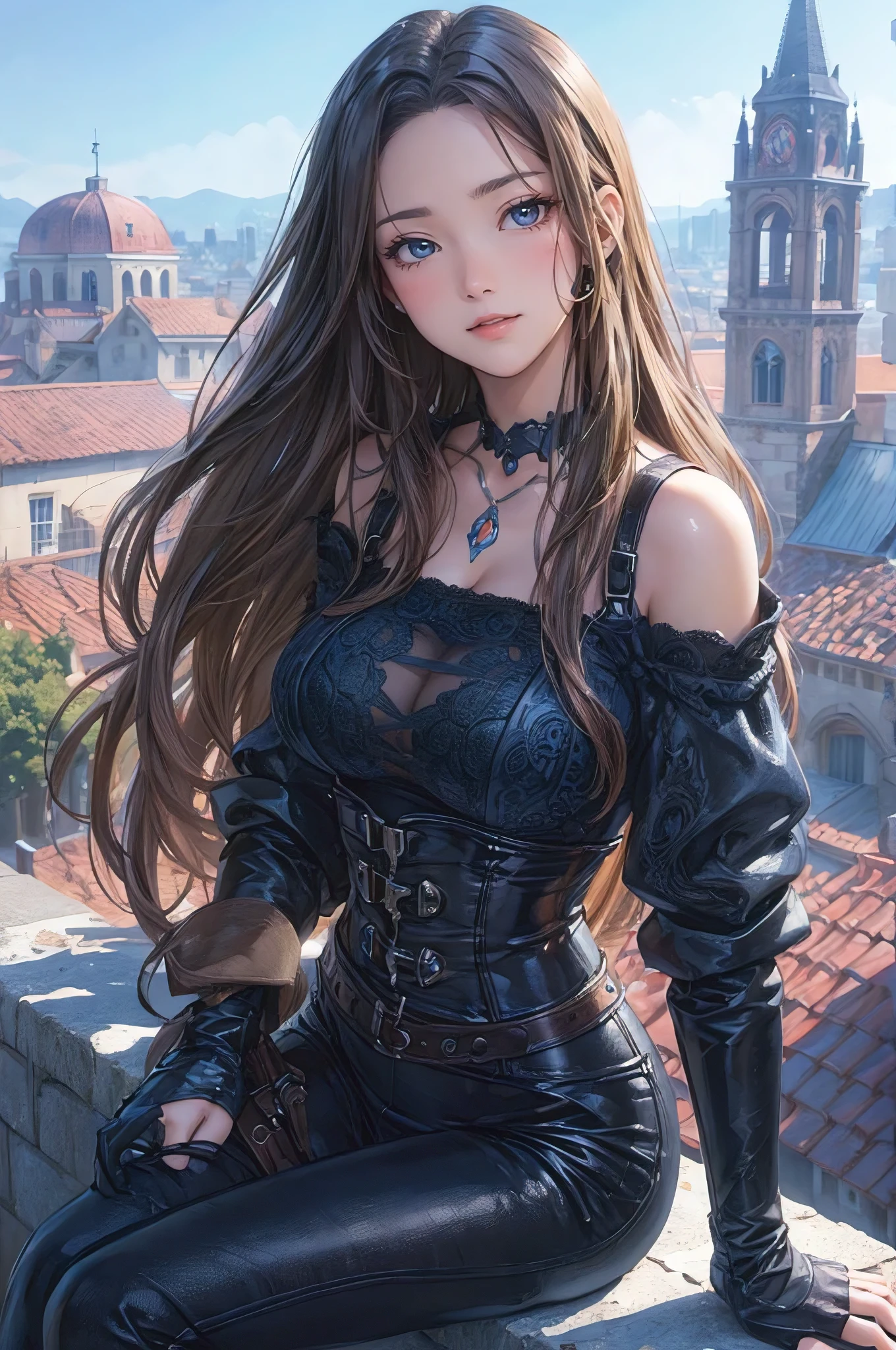 (best quality, masterpiece:1.2), perfect body, large breasts, cleavage, wide hips, big gorgeous eyes, full luscious lips, smile, parted lips, random avant garde fashion, walking pose, city streets, modern medieval, clean lines, vibrant, anime realism by artgerm and donato giancola