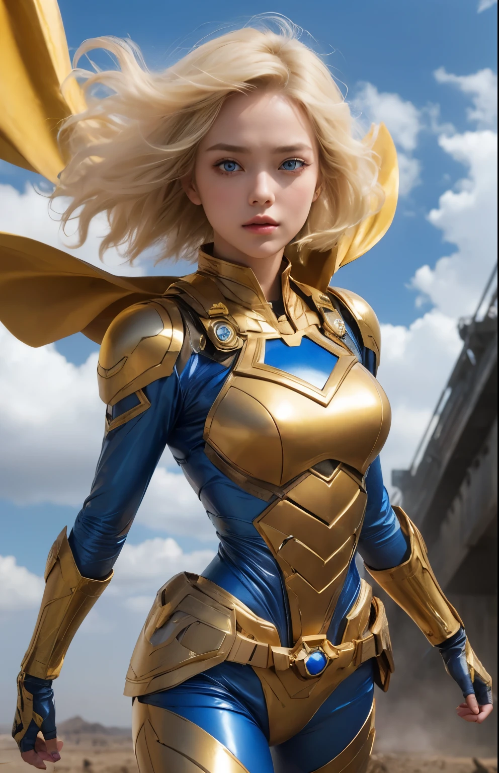 A beautiful woman flying in the sky. she is floating in the air. Blonde hair and blue eyes. She is dressed in a golden metallic battle uniform. There is something on his waist that is reminiscent of Kamen Rider's transformation belt. A desolate reddish-brown land spreads out beneath my feet.