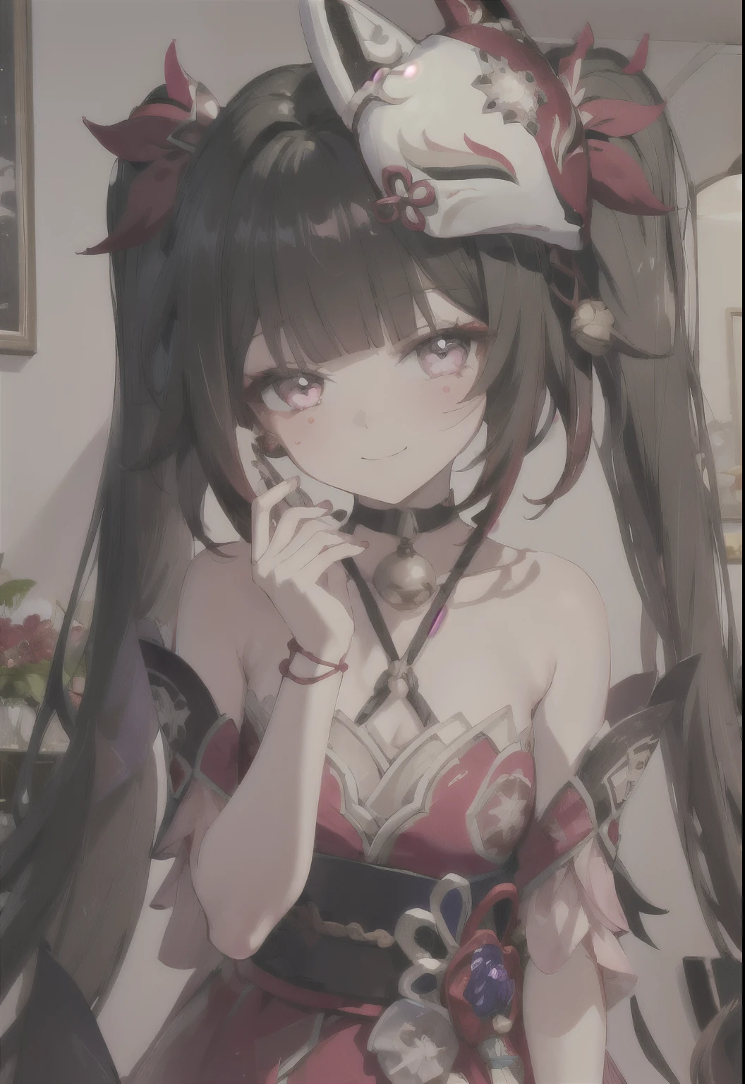 ((masterpiece,best quality)), 1girl, sparkle honkai star rail, smile mischievously, mask on head, wrist rope, blush, lifted by self, detailling colorful lively living room, in love