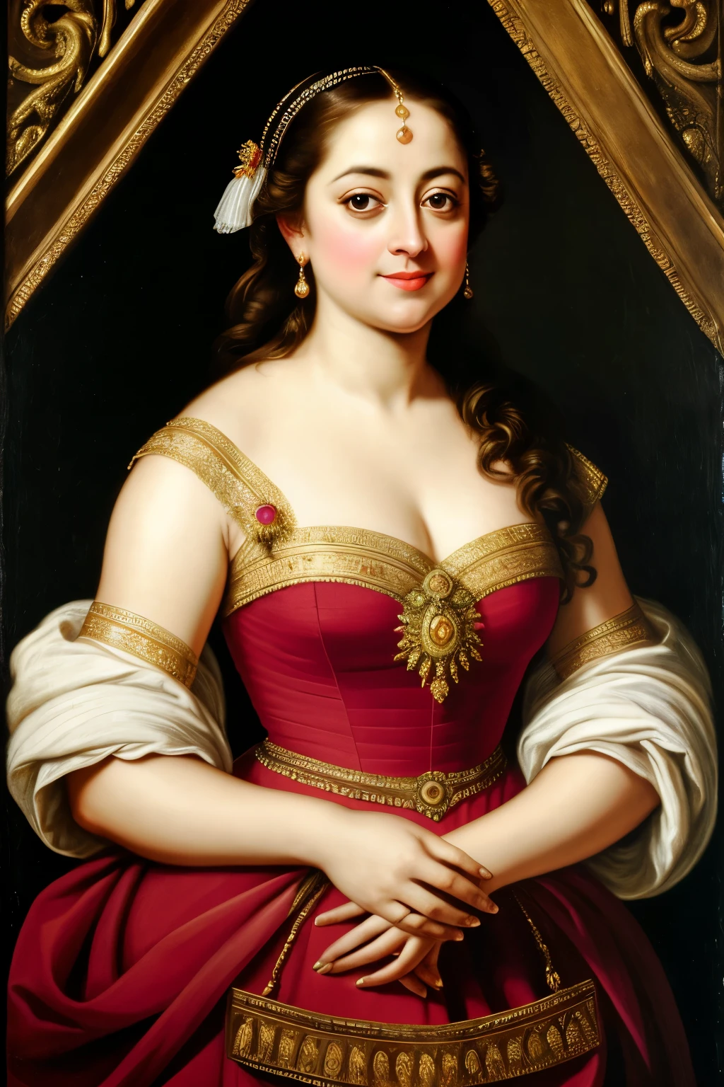 Looks like actress Jyothika, Masterpiece, Best quality, high clarity eyes, critically flawless,sharp picture, Full portrait, perfect plump figure, High pixels, perfect face, perfect eyes, beautiful face, perfect hands,perfect fingers, in Peter Paul Rubens style, by Peter Paul Rubens, baroque style, acrylic on canvas, highly detailed, description: "Create a nymph inspired by the tales of Greek or Roman mythology, embodying the essence of a natural element or location, and possessing a unique ability or trait that sets her apart.", Royal ancient linen traditional Clothes, strapless bralette, armpits showing, dark armpits 