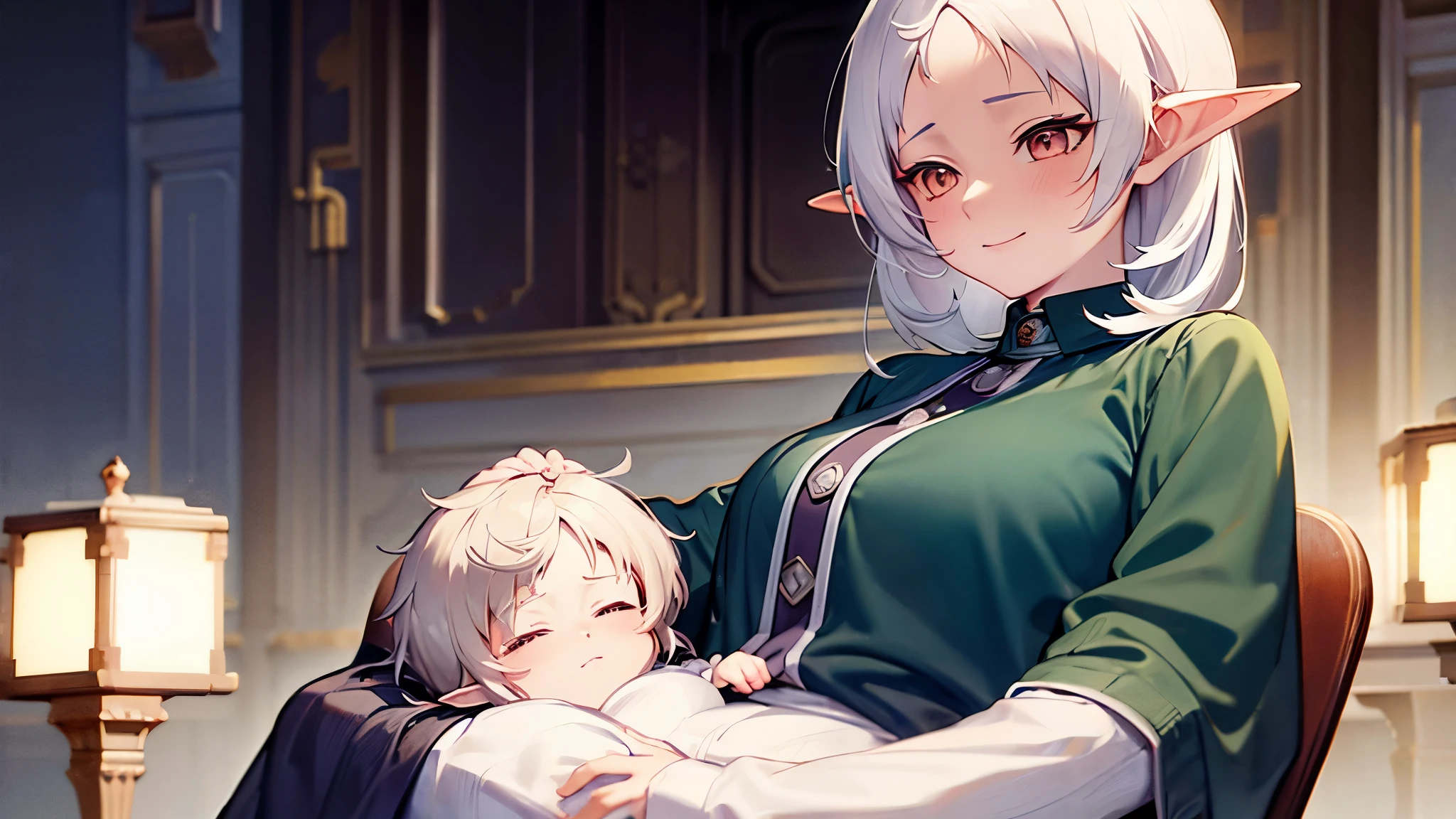 a cute character with a shy smile named Sylphie with elf-like ears and white short hair. The character is wearing a white long-sleeve shirt and a brown skirt, is sitted on a chair amidst a serene and beautifully illuminated room while she holds an elf baby with light brown hair, inside blankets on her arms. Mushoku Tensei. anime style masterpiece.