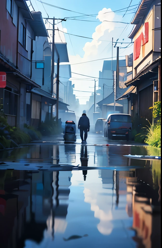 1Junge,Men ,a wet body、Protagonist im Anime-Stil、Cyberpunk Boy、Der Beginn des Abenteuers、(soak through:2)、Viele Wolken、Chaotische Stadt der Zukunft、ruined and ruined city、Very complex European buildings、Level crossing、trees、blaue Beleuchtung,Lots of puddles、Chaotische Landschaft、Beautiful and fantastic landscape、filmische Kulisse、hightquality、Tischplatte,8K、high resolution、ultra-detailliert,Studio Ghibli、