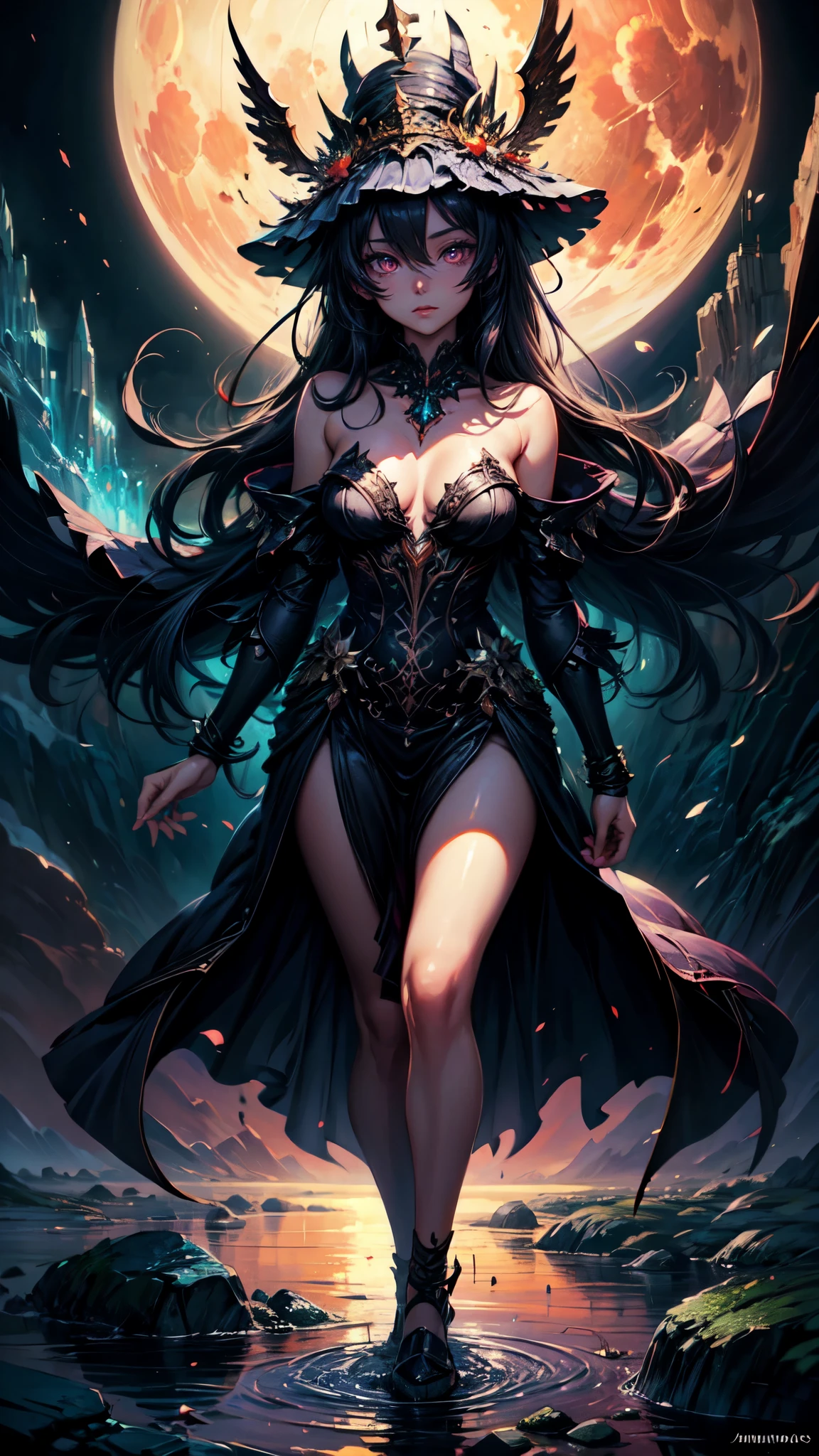 detailed eyes, detailed face, sidelighting, finely detailed beautiful gray eyes: 1.2), medium breast, realistic, glowing eyes,shiny hair,black hair,long long hair, lustrous skin, solo, embarassed,Strapless,exquisite, full body,a painting of a river with a full moon in the background, digital art inspired by Andreas Rocha, pixiv contest winner, fantasy art, magical landscape, magical environment, beautiful anime scenery, detailed dreamscape, beautiful anime scene, night scenery, magical dream-like atmosphere, moonlit starry sky environment, anime landscape wallpaper, anime background art, painting of a dreamscape
INFO