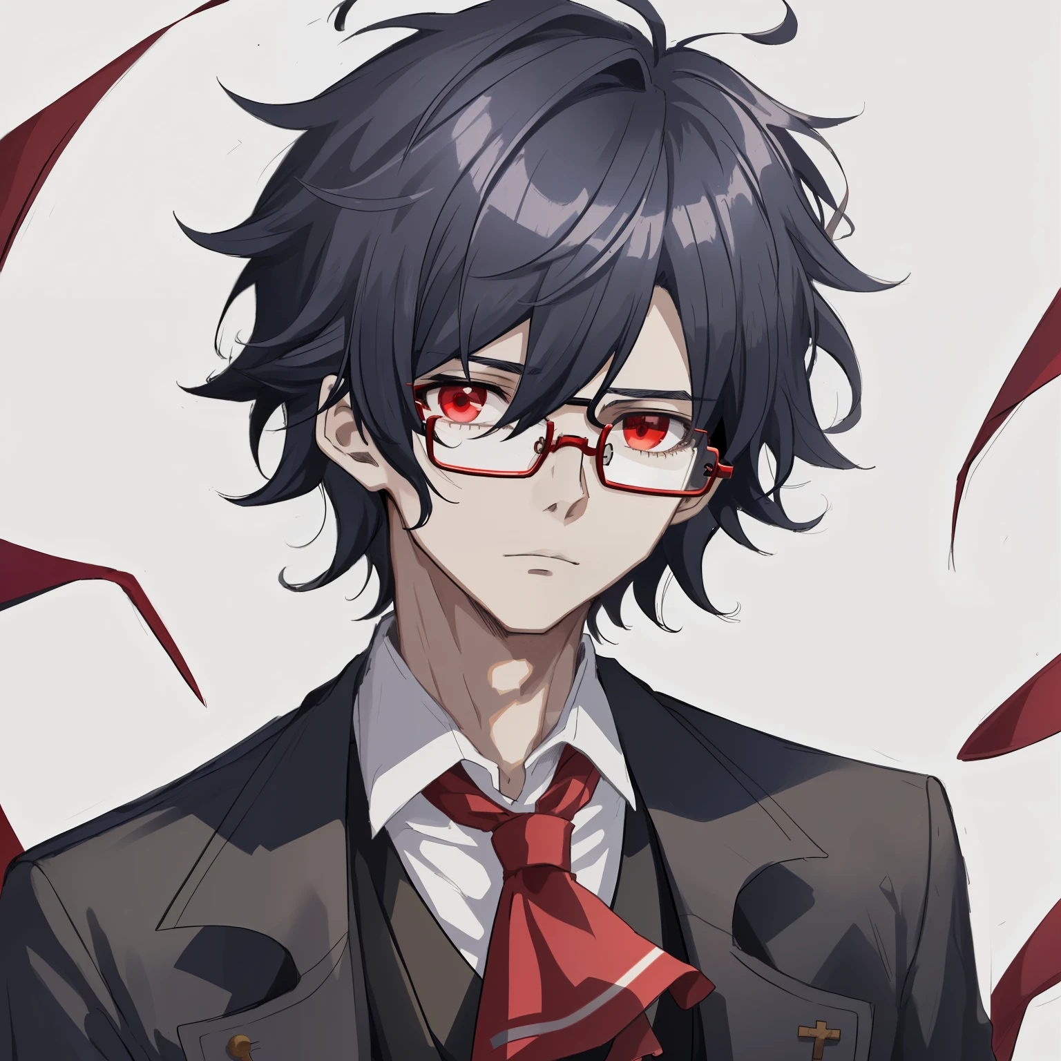 1boy, anime, unkempt_short_wavy_hair, black_hair, navy_blue_long_coat, red_waistcoat, black_ascot_tie, red_eyes, white_background, black_glasses, looking_at_viewer