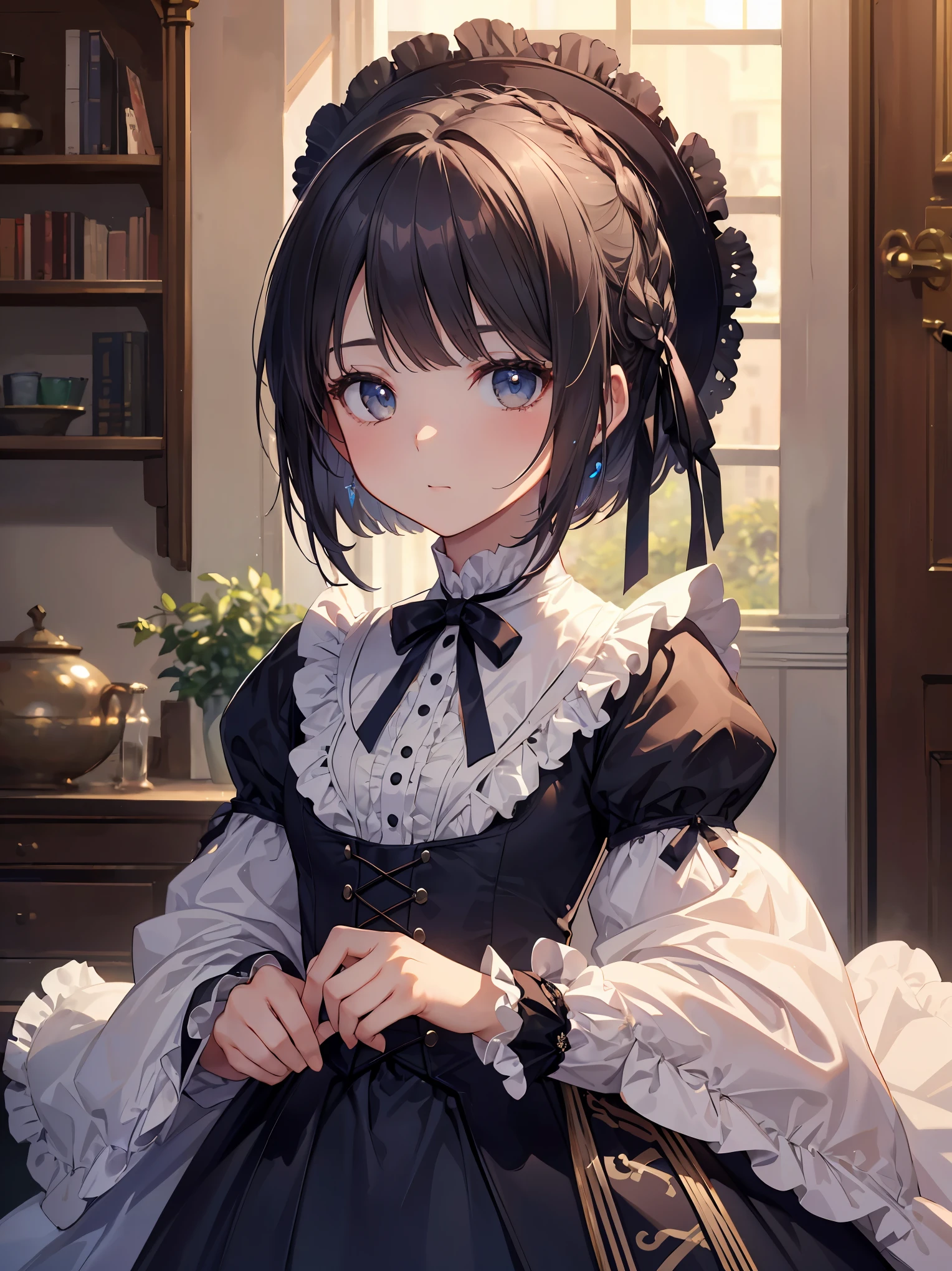 (highest quality、16K、masterpiece、ultra high resolution、Victorian era、Photoreal:1.2)、cowboy shot、One length bob cut braided hair clip with front drop、big ribbon、brand uniform　cute、clear、 Tsundere、heroine attributes、artistic shadow
