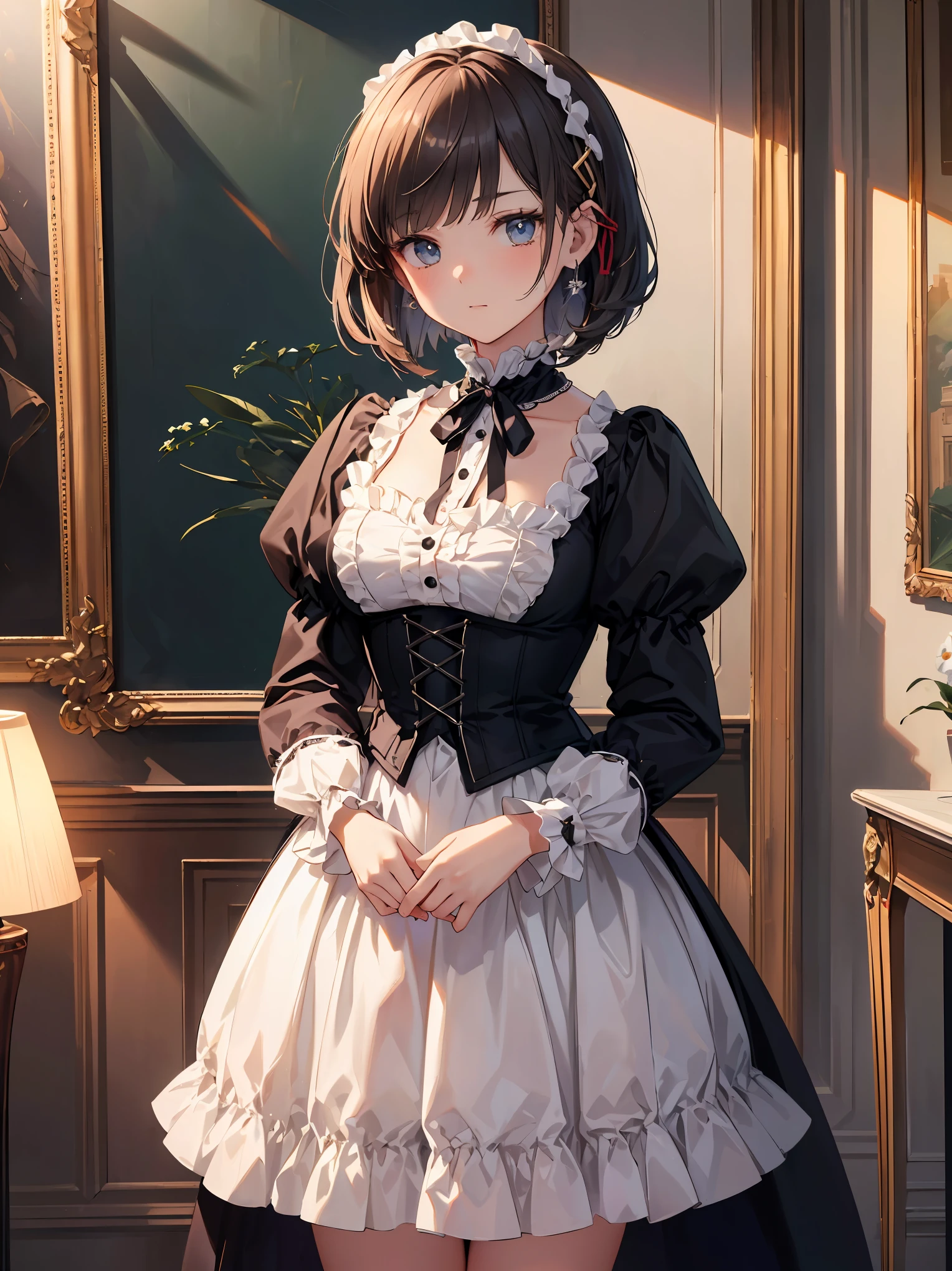 (highest quality、16K、masterpiece、ultra high resolution、Victorian era、Photoreal:1.2)、cowboy shot、One length bob cut braided hair clip with front drop、big ribbon、brand uniform　cute、clear、 Tsundere、heroine attributes、artistic shadow
