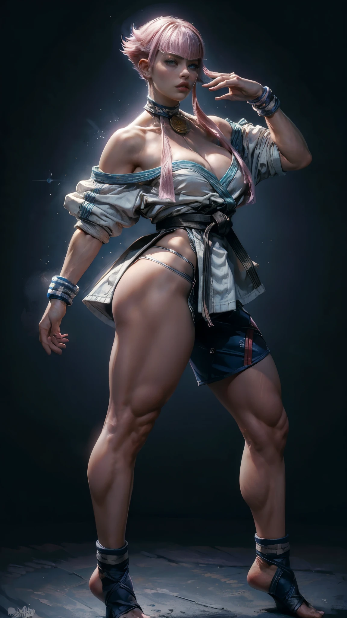 (masterpiece, best quality:1.2) 1girl, solo, manon, sf6, pink hair, short hair with long locks, bangs, blue eyes, lips, large breasts, halterneck, dougi, hip vent, off shoulder, martial arts belt, shorts, (dynamic angle, fighting stance, leg up:1.1), 