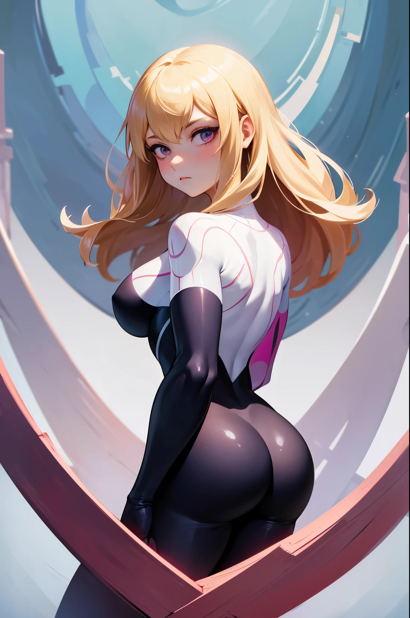 from behind, (masterpiece), best quality, expressive eyes, perfect face, highres, 1girl, solo, gwen stacy, spider gwen, spider-gwen suit, body suit, no mask, blondle hair, standing, portrait, looking at the viewer,