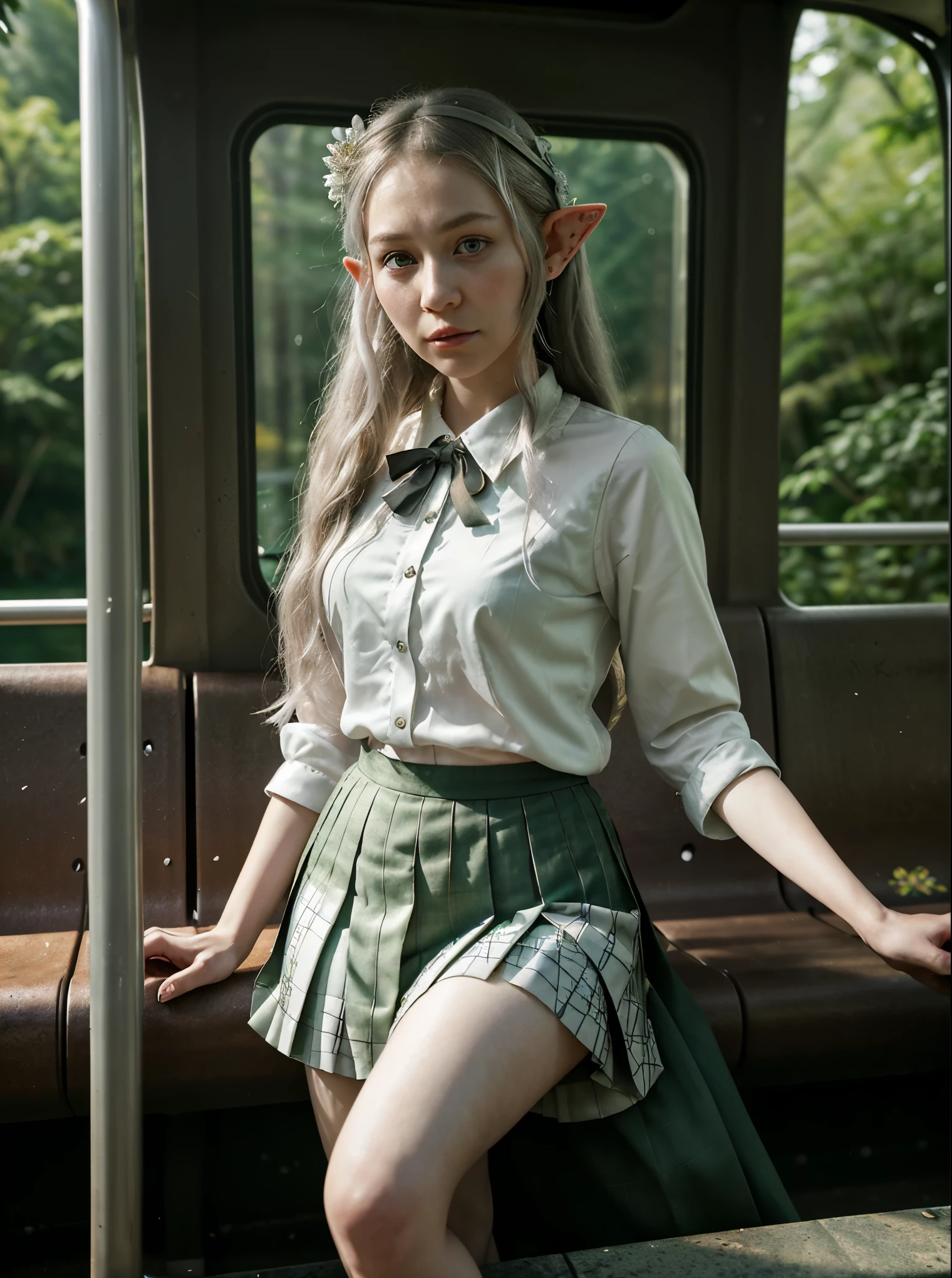 Compose a scene where a realistic elf is waiting at the bus stop. Describe her as she observes the movement around her, revealing details about her appearance, attire, and behavior. Consider how she interacts with other passengers, if there's anything peculiar about her presence, and how she adapts to the urban environment while still maintaining traces of her elven nature. Instead of traditional elven attire, she wears a Japanese school uniform, the pleated skirt and white blouse adorned with subtle floral patterns reminiscent of her forest homeland. Delicate silver jewelry accents her pointed ears, adding an otherworldly charm to her appearance. Despite the modern attire, her ethereal presence and graceful demeanor set her apart from the bustling crowd, hinting at her elven heritage.