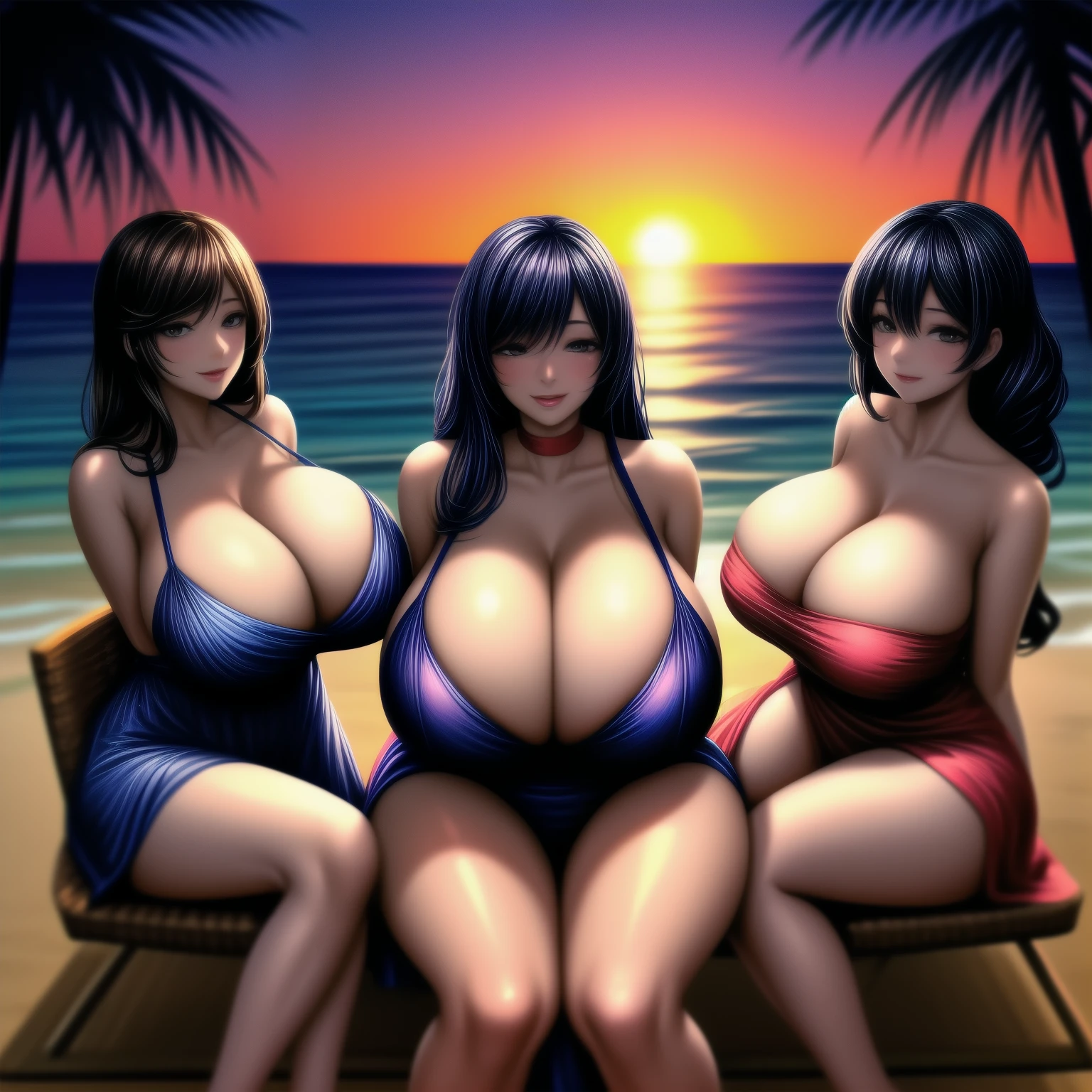 Five beautiful busty women wearing resort dresses are sitting on chairs by the seaside, enjoying a beach party. On the table are delicious-looking food, colorful cocktails, and sparkling wine. beautiful sunset sky. The sun is sinking into the sea. gigantic breasts, cleavage