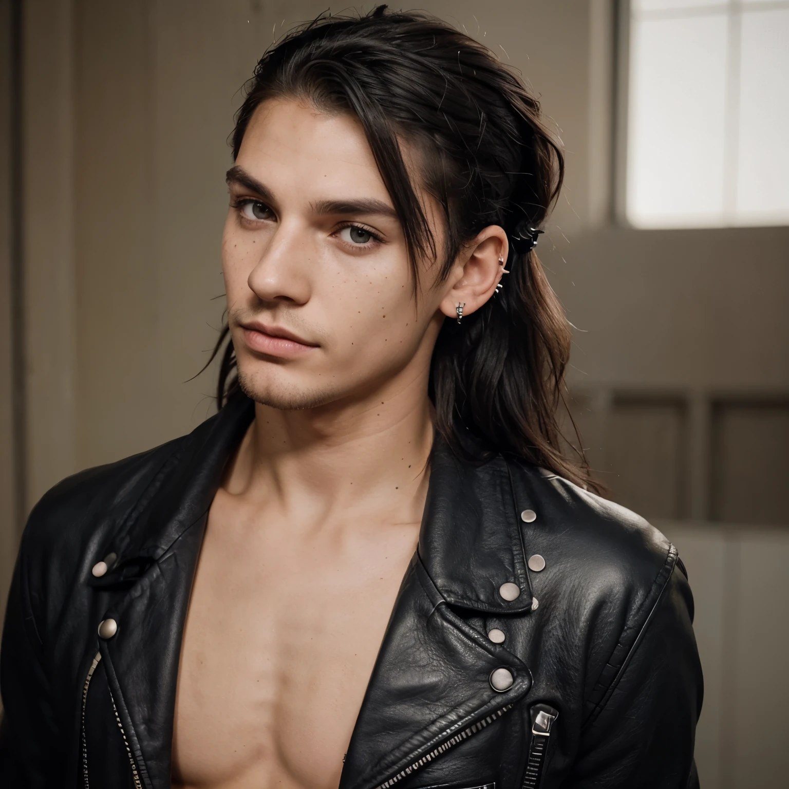 Man with androgynous face, nose piercing, small nose with freckles, freckles on the nose, pointy nose, small freckles, small lips pointy nose, perfect detailed face, facial piercings, cute freckles, piercing stare, thin button nose, buetifull, black hair, black mullet, shaved sides of hair, full-body view, young, attractive boy, attractive young man, attractive man, man woth mullet, looking slightly, very attractive man, has stuble beard, whetherd man, buetifull man, grunge looking man, slightly tan skin, buetifull grown man, grunge man, wearing black leather jacket,