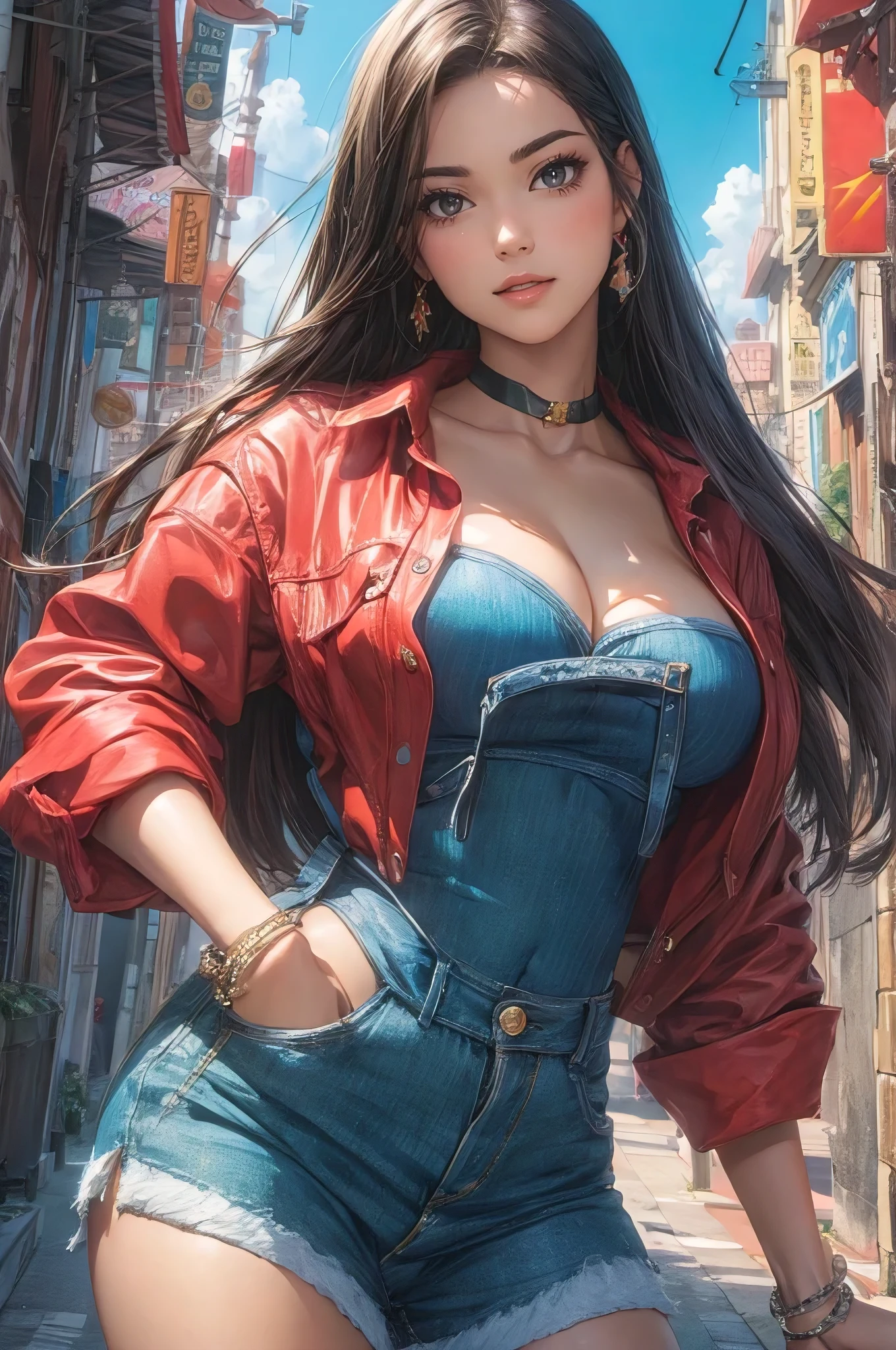 (best quality, masterpiece:1.2), perfect body, large breasts, cleavage, wide hips, big gorgeous eyes, full luscious lips, smile, parted lips, random retro allure fashion, walking pose, city streets, quirky retrofuturism, clean lines, vibrant, anime realism by artgerm and donato giancola