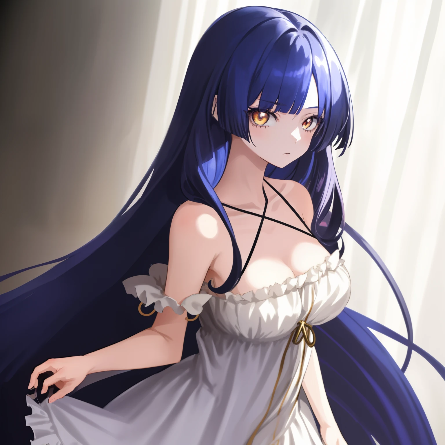1girl, anime, gold_eyes, indigo_long_hair, asymmetrical_bangs, standing, looking at the viewer, medium_breasts, frilly_white_loose_dress