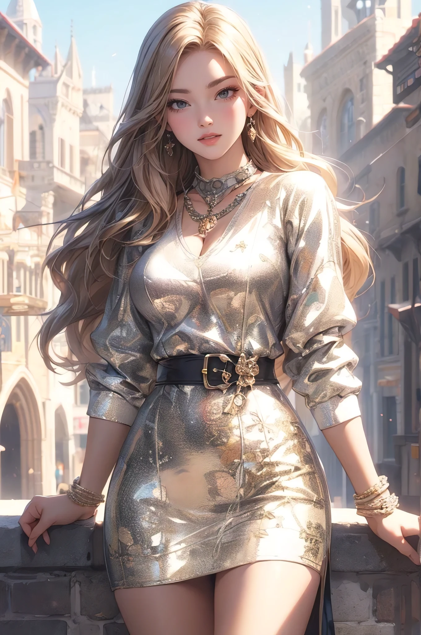 (best quality, masterpiece:1.2), perfect body, large breasts, cleavage, wide hips, big gorgeous eyes, full luscious lips, smile, parted lips, random avant garde fashion, walking pose, city streets, modern medieval, clean lines, vibrant, anime realism by artgerm and donato giancola