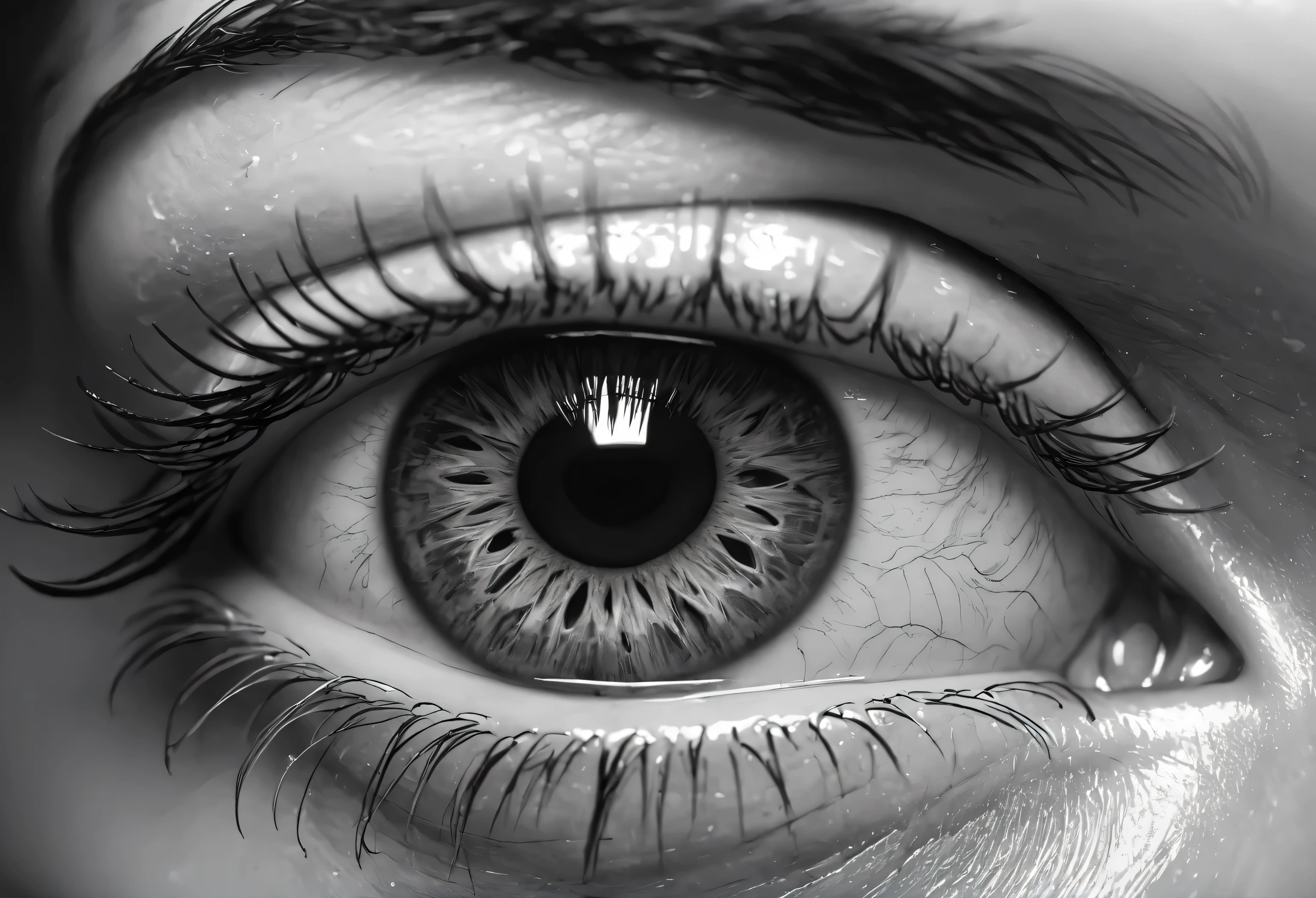 Œil humain, larme, hyperréalisme, 4K, incredibly detailed, noir et blanc