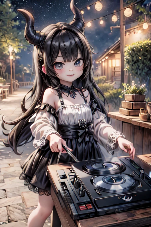 masterpiece, best quality, Selfie at Beach Party, a DJ ((horned vampiress)) smiling,DJ mixing, big headphones, at night, starry sky