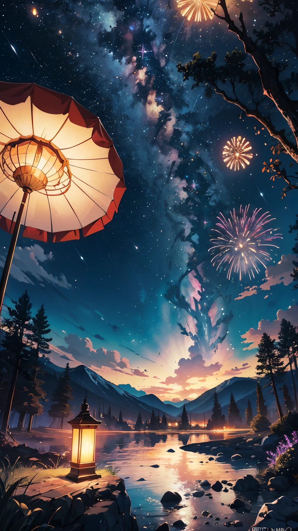 Vast landscape photos，（View from below with a view of the sky and the wilderness below），（moon full：1.2），（meteors：0.9），（Starcloud：0.5），Far Mountain，Tree BREAK Production Art，（Warm light source：1.2），（glowworm：1.2），Brilliant fireworks，lamp lights，Purple and orange，intricately details，Volumetric lighting BREAK（tmasterpiece：1.2）， （top-quality），4K，Ultra-delicate，（Dynamic configuration：1.4），Highly detailed and colorful details（Irridescent color：1.2），（Sparkling lighting，Atmospheric lighting），dream magical，magical，Perfect color matching，（solo：1.2）