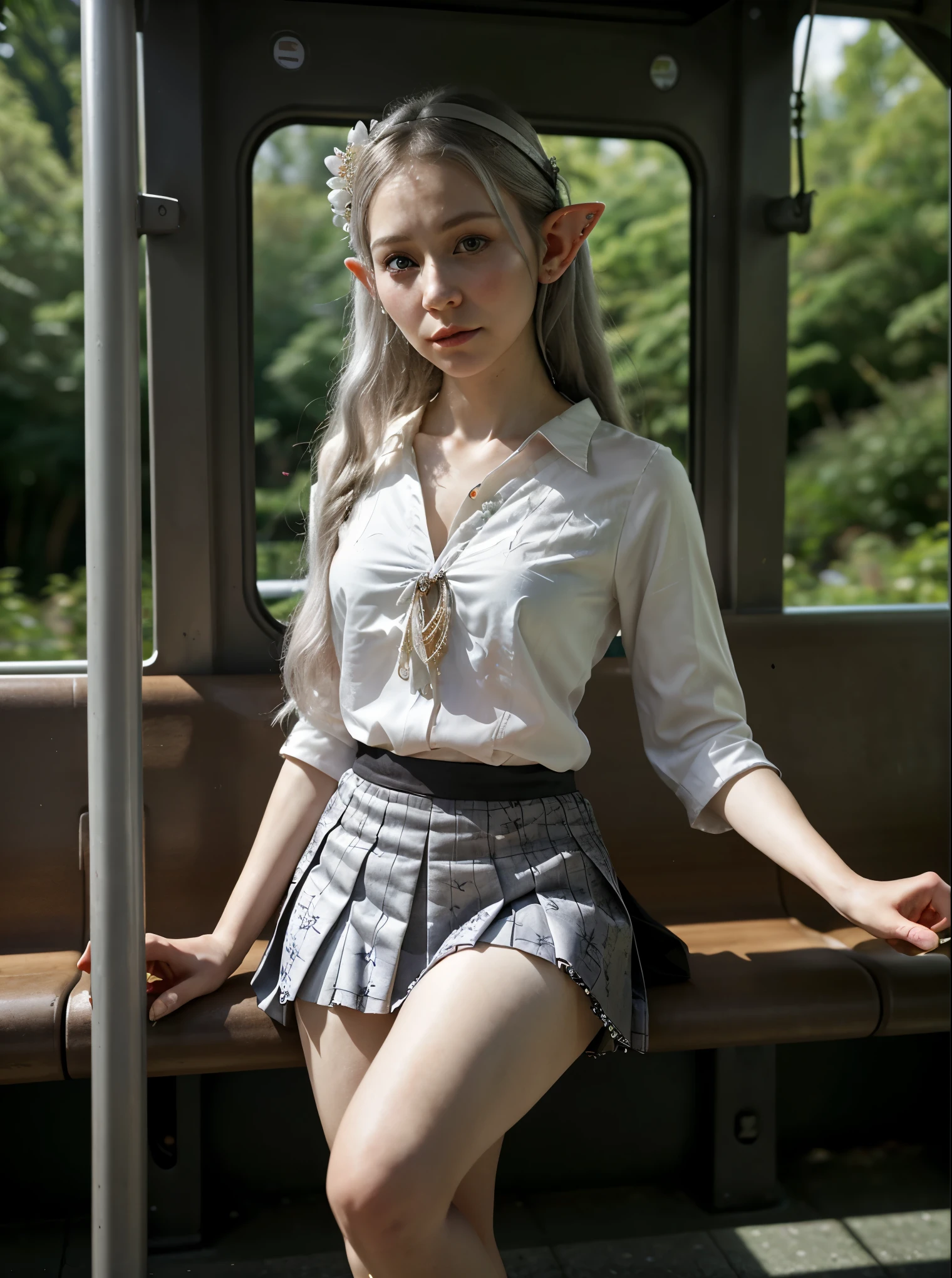 Compose a scene where a realistic elf is waiting at the bus stop. Describe her as she observes the movement around her, revealing details about her appearance, attire, and behavior. Consider how she interacts with other passengers, if there's anything peculiar about her presence, and how she adapts to the urban environment while still maintaining traces of her elven nature. Instead of traditional elven attire, she wears a Japanese school uniform, the pleated skirt and white blouse adorned with subtle floral patterns reminiscent of her forest homeland. Delicate silver jewelry accents her pointed ears, adding an otherworldly charm to her appearance. Despite the modern attire, her ethereal presence and graceful demeanor set her apart from the bustling crowd, hinting at her elven heritage.