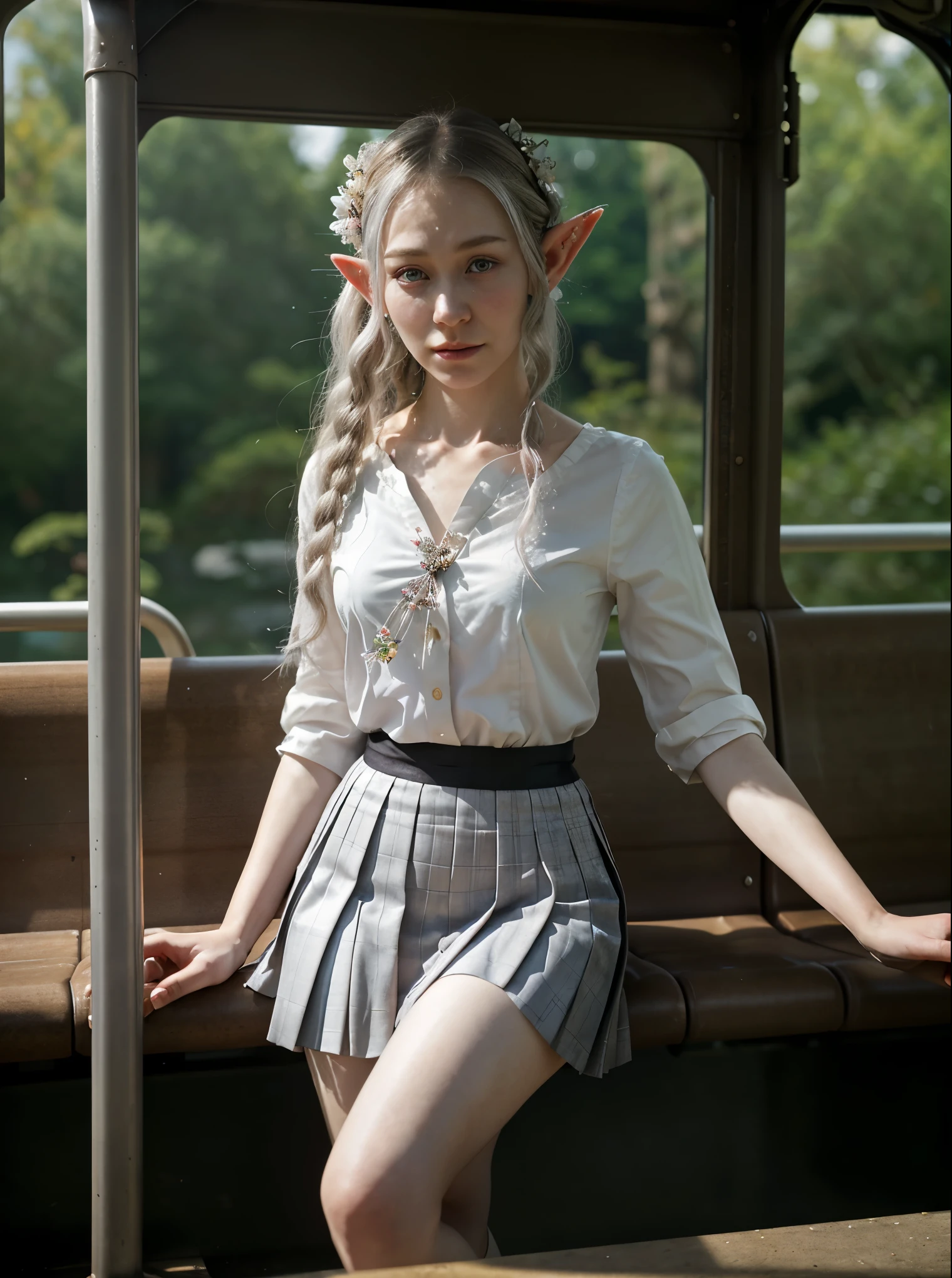 Compose a scene where a realistic elf is waiting at the bus stop. Describe her as she observes the movement around her, revealing details about her appearance, attire, and behavior. Consider how she interacts with other passengers, if there's anything peculiar about her presence, and how she adapts to the urban environment while still maintaining traces of her elven nature. Instead of traditional elven attire, she wears a Japanese school uniform, the pleated skirt and white blouse adorned with subtle floral patterns reminiscent of her forest homeland. Delicate silver jewelry accents her pointed ears, adding an otherworldly charm to her appearance. Despite the modern attire, her ethereal presence and graceful demeanor set her apart from the bustling crowd, hinting at her elven heritage.