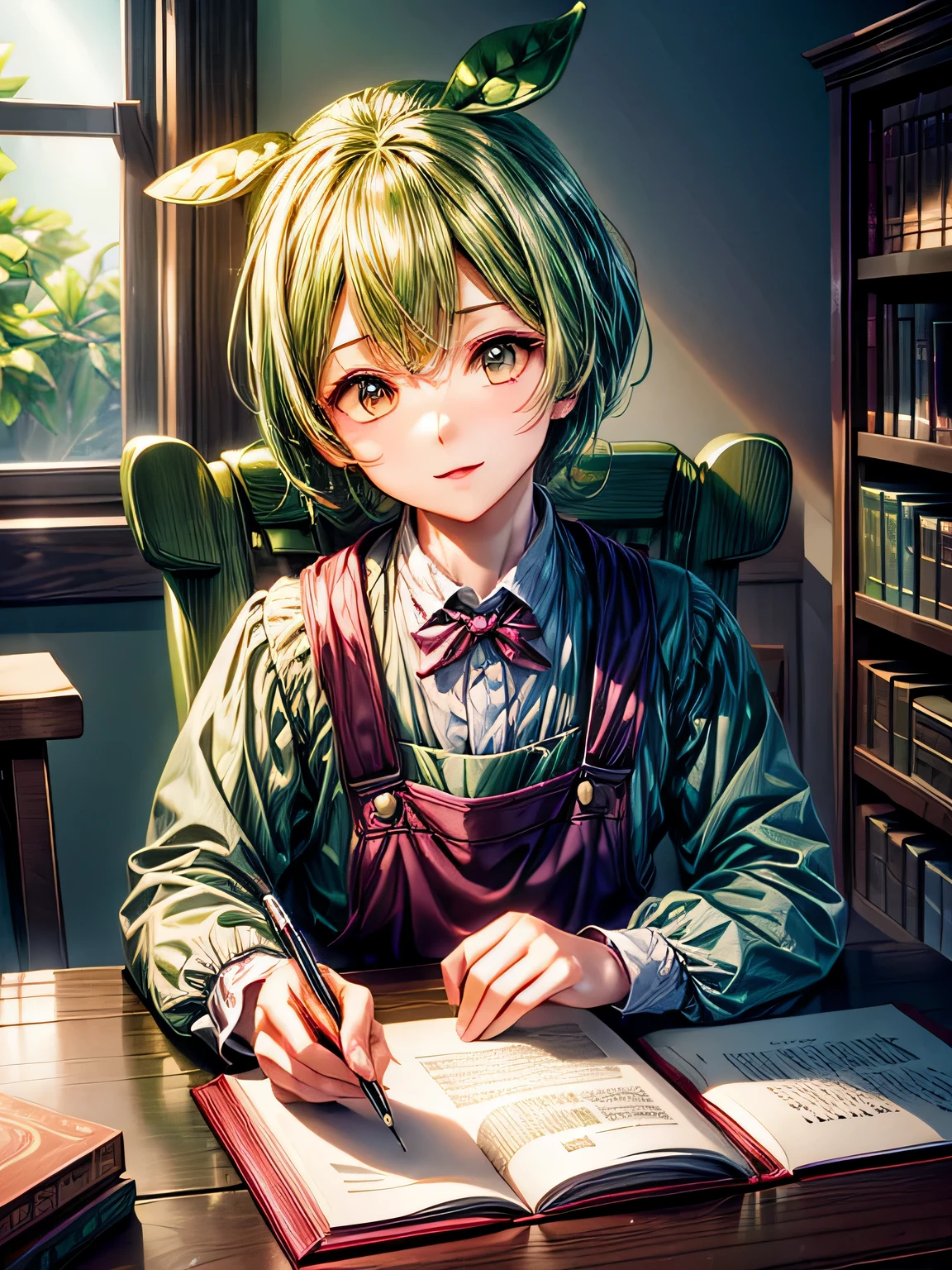 ((masterpiece, highest quality)),dark green hair,eyes are yellow,white shirt,green overalls, scholar&#39;career of, [bright colors], (High resolution:1.2), (realistic:1.37), fine eyes, gentle smile, Bring the book, Surrounded by shelves of old books, reading glasses on the table, sunlight shining through the window, warm and cozy atmosphere, soft lighting, traditional wooden desk and chair, vintage ink pen and parchment, hint of nostalgia, Calm and eager to learn expressions, sense of knowledge and wisdom, quiet and peaceful atmosphere.