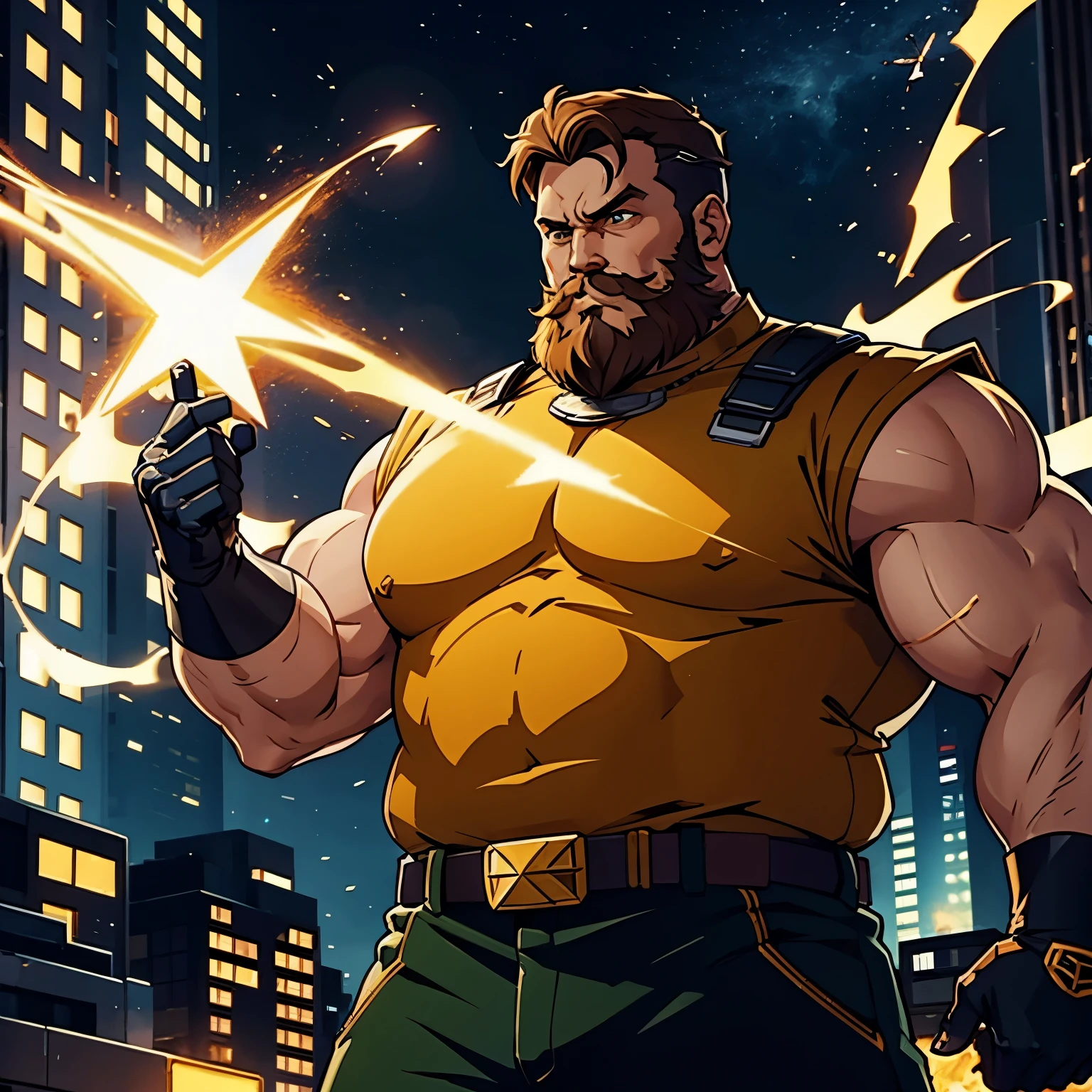 best quality, ultra detailed 90s Marvel cartoon, handsome extra fat man, messy short hair in dark copper color, beard and mustache in light copper color, well detailed green eyes, wearing classic X-man uniform in tanzanite color, gloves belt and icon of an "X" in the middle of the chest in white gold color and with advanced high technology, levitating in the middle of a futuristic city at night, appearing from head to toe, 8k, oled color quality, fire coming out of the hands,