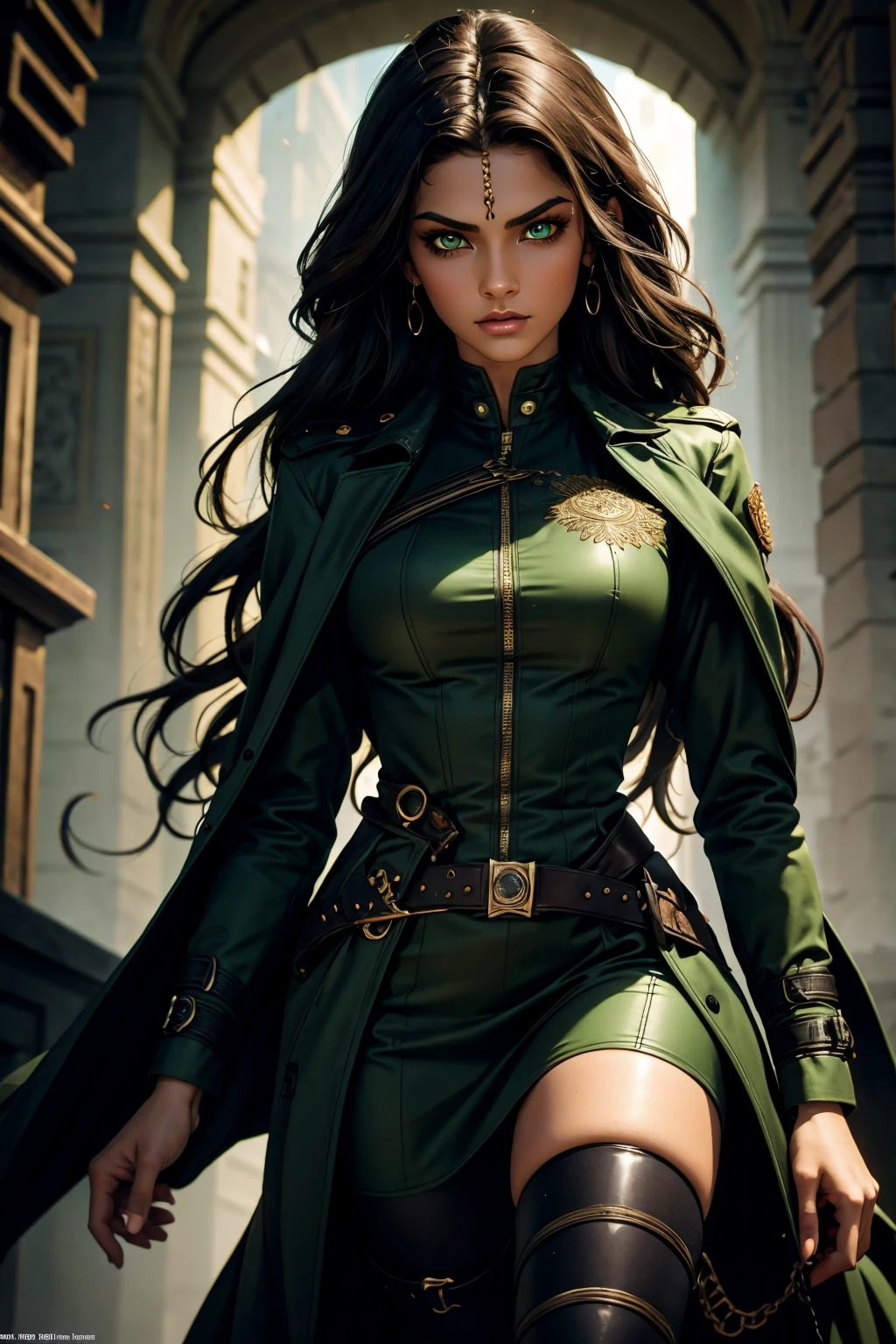 A stunning Indian beauty, with bright green eyes, dark brown-black long wavy hair, mesmerizing features with a scary expression, finely detailed eyes, angry mood masterpiece, top quality, best quality, official art, beautiful and aesthetic:1.2), (1girl), extreme detailed,(fractal art:1.3), colorful, highest detailed, (masterpiece, best quality:1.3) 1 bright-green-eyed woman, professional digital painting, Unreal Engine 5. Wearing a black-buttoned-up military-trench coat. Scary void dripping from body and face black magic swirling around. A deep red gemstone on the forehead. Arms up casting black magic from fingertips. Black smoke swirled around her.
