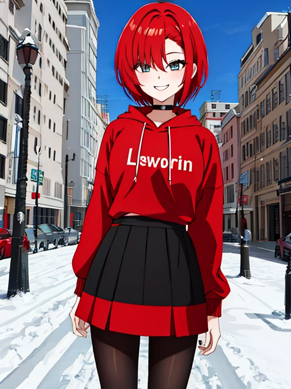 masterpiece, best quality, highres, 1girl , short red hair, red sweatshirt with black sleeves, the background it's a city with snow, black pantyhose, looking at viewer, smile, perfect eyes, perfect hands, perfect hand