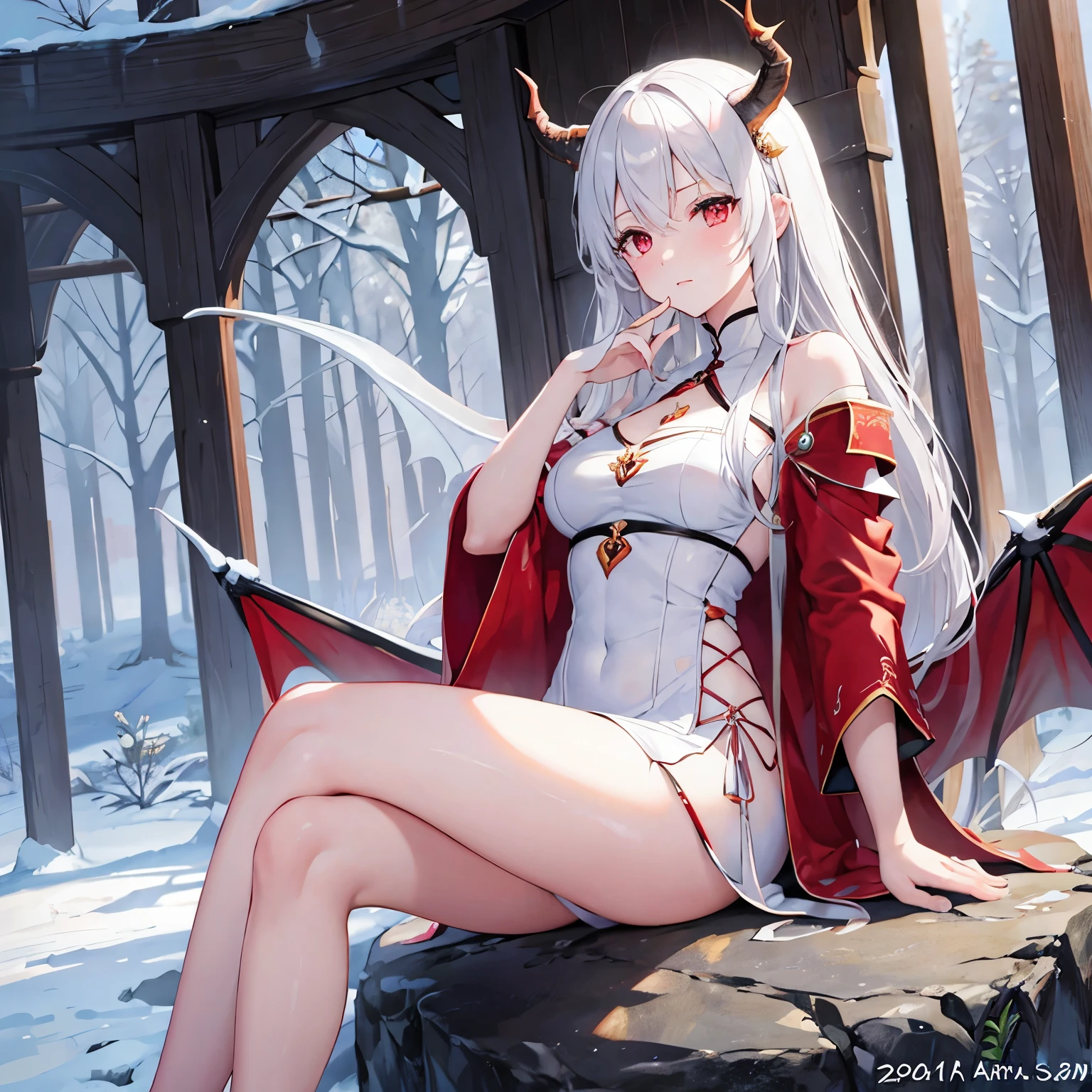 (masterpiece), best quality, expressive eyes, perfect face,
Long snow white hair,red eyes (slitted), dragon wings and dragon horns,sitting on a rock, wearing cloths